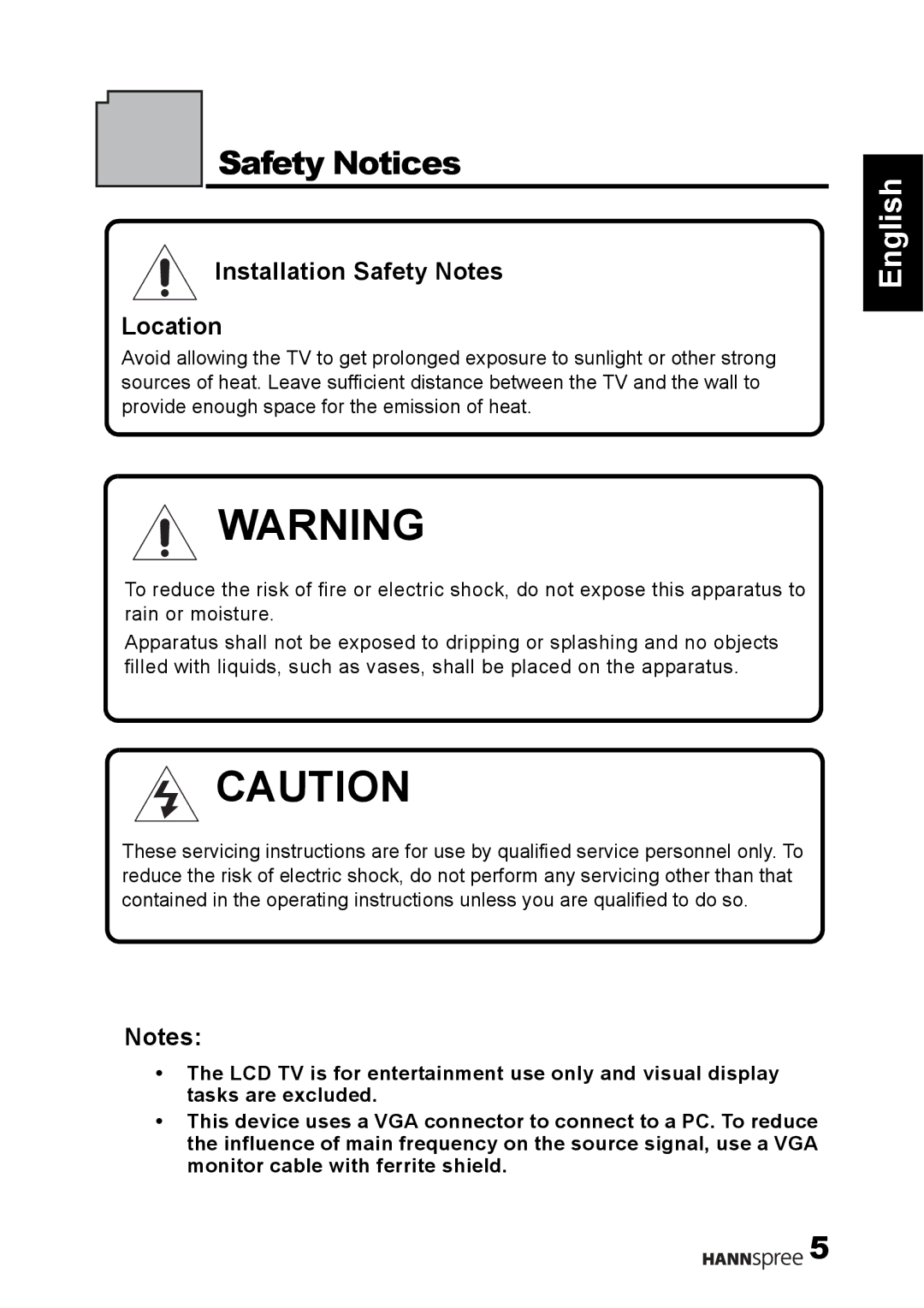 HANNspree S_ST55F_UM_US_V01_H manual Safety Notices, Installation Safety Notes Location 