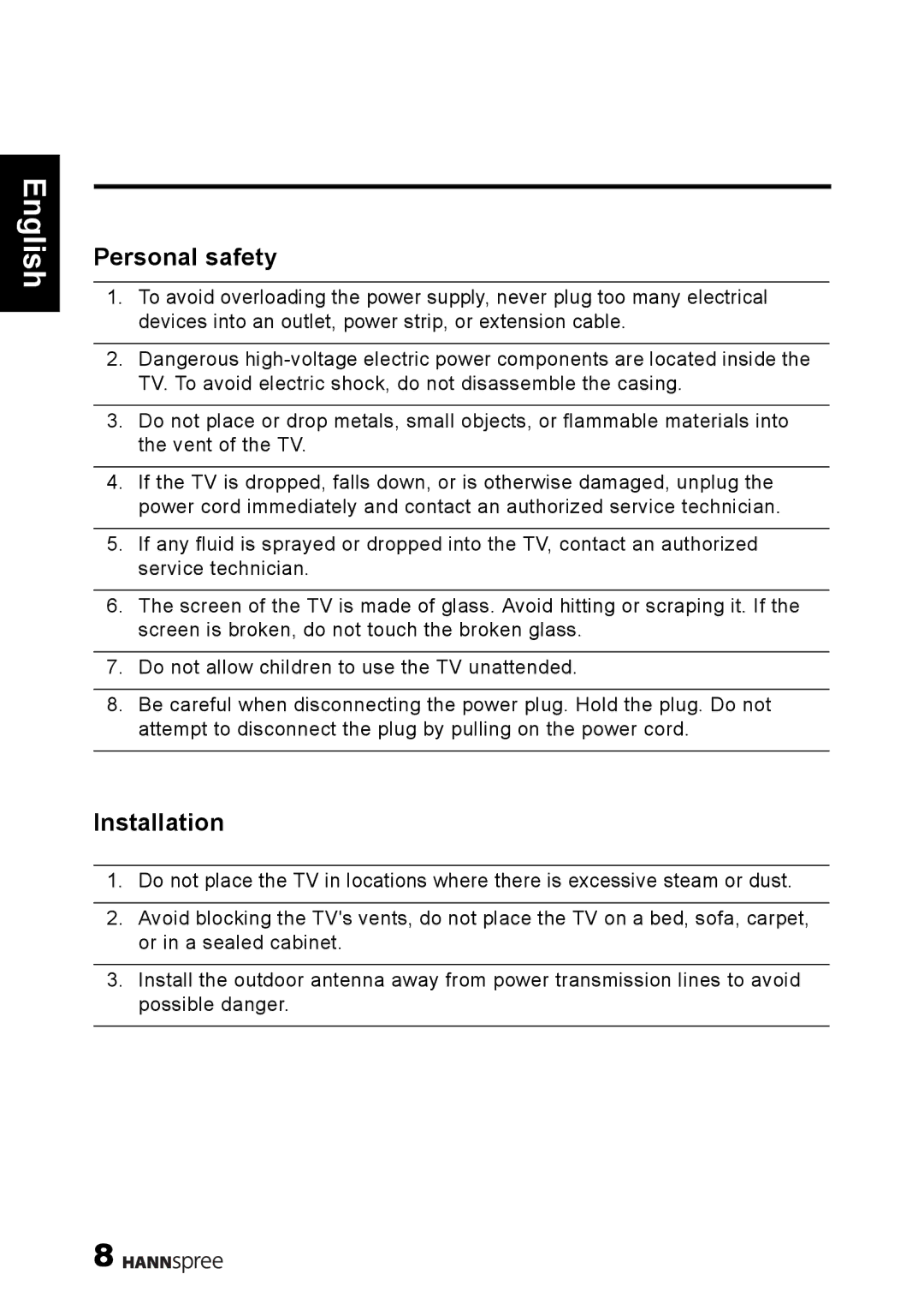 HANNspree S_ST55F_UM_US_V01_H manual Personal safety 