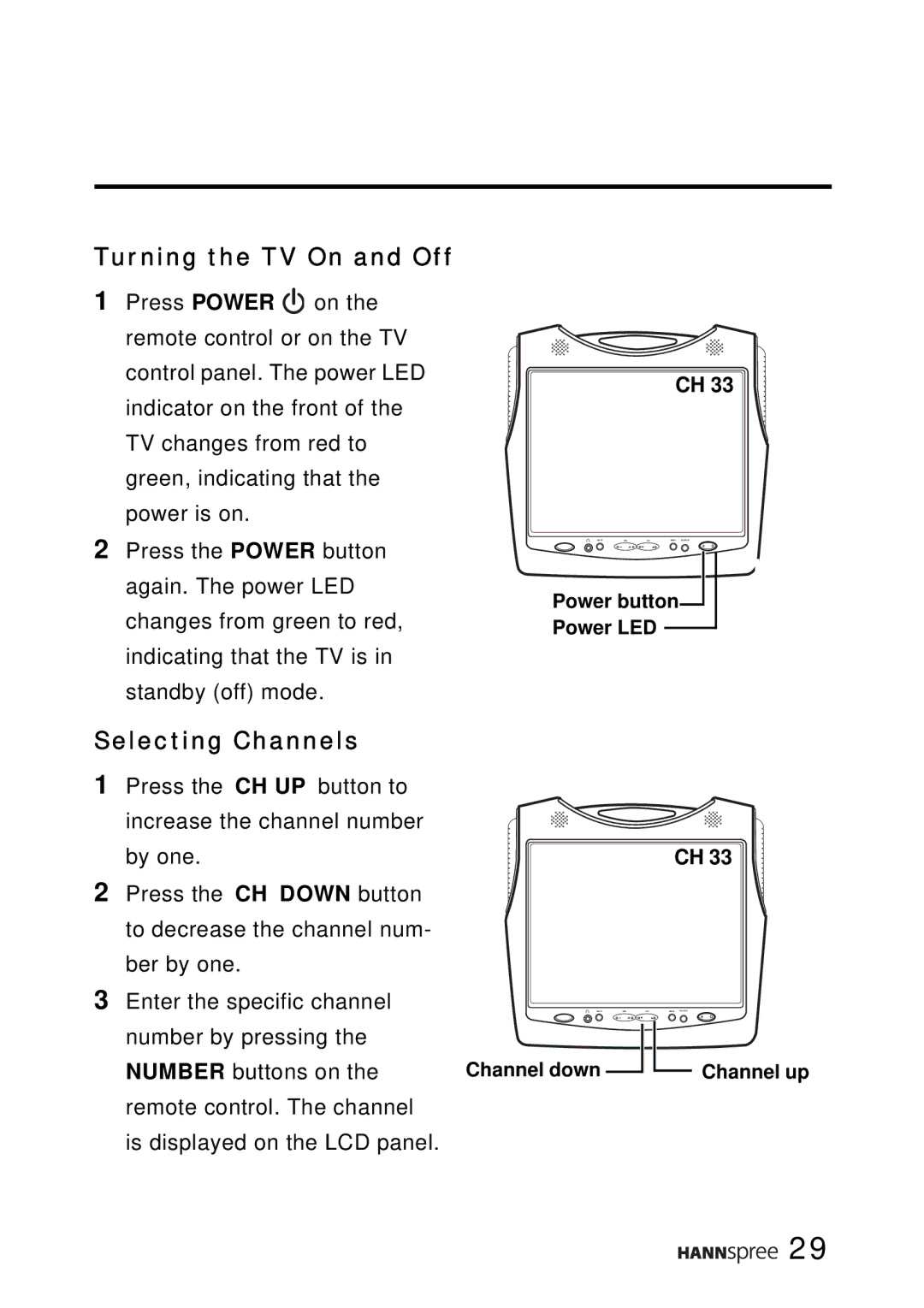 HANNspree ST02-15A1 user manual Turning the TV On and Off, Selecting Channels 