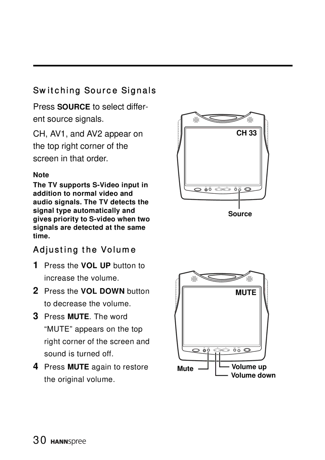 HANNspree ST02-15A1 user manual Switching Source Signals, Adjusting the Volume 