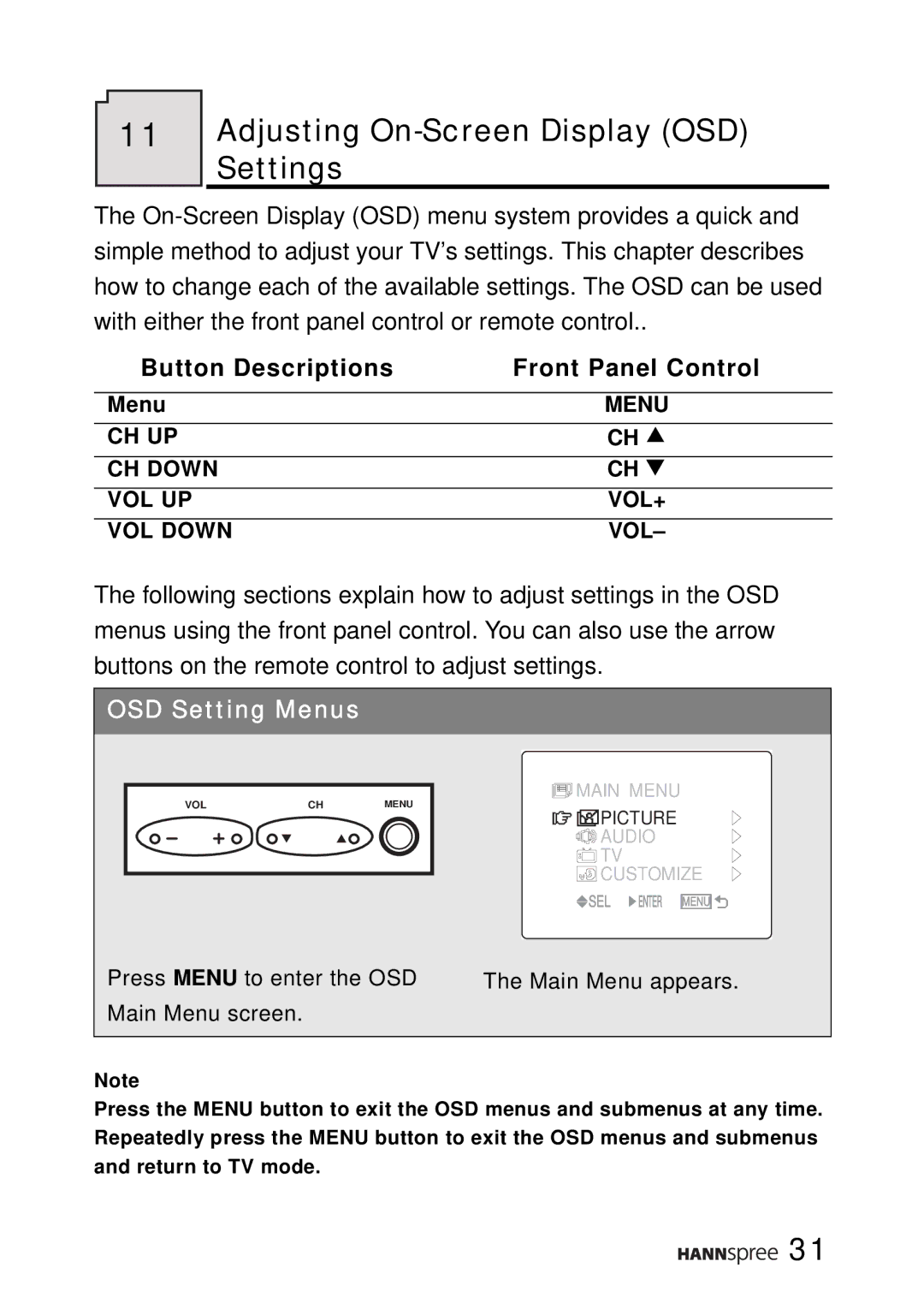 HANNspree ST02-15A1 user manual Adjusting On-Screen Display OSD Settings, Button Descriptions Front Panel Control 