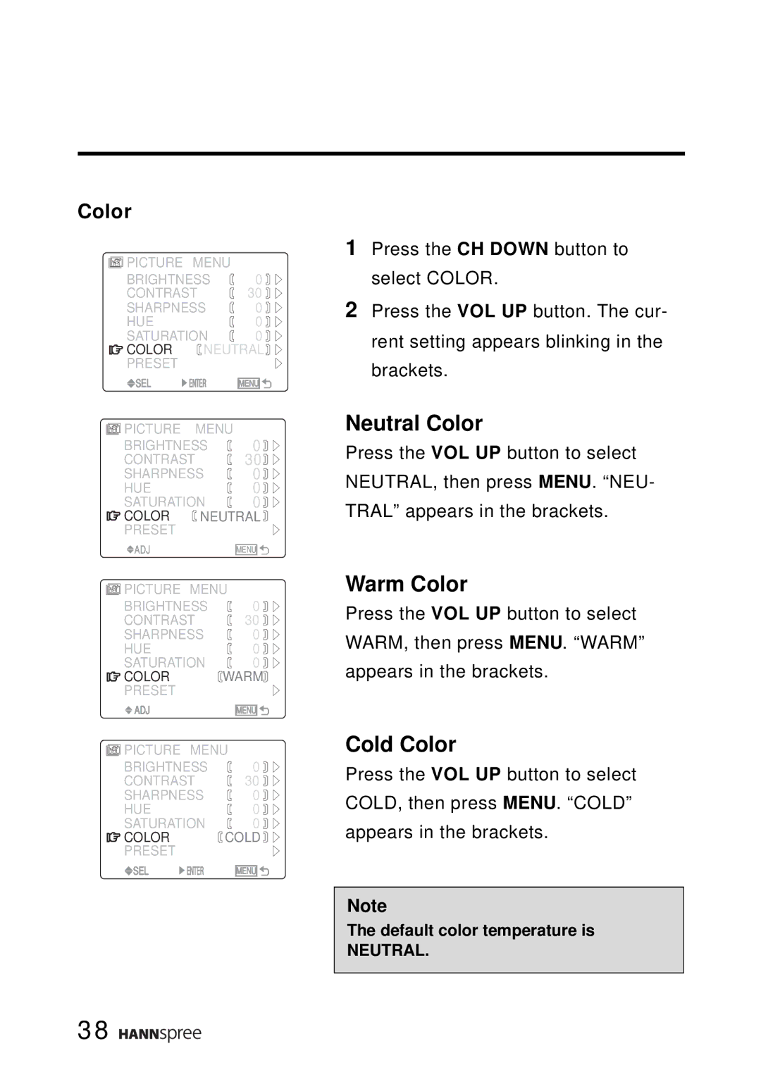 HANNspree ST02-15A1 user manual Color, Neutral 