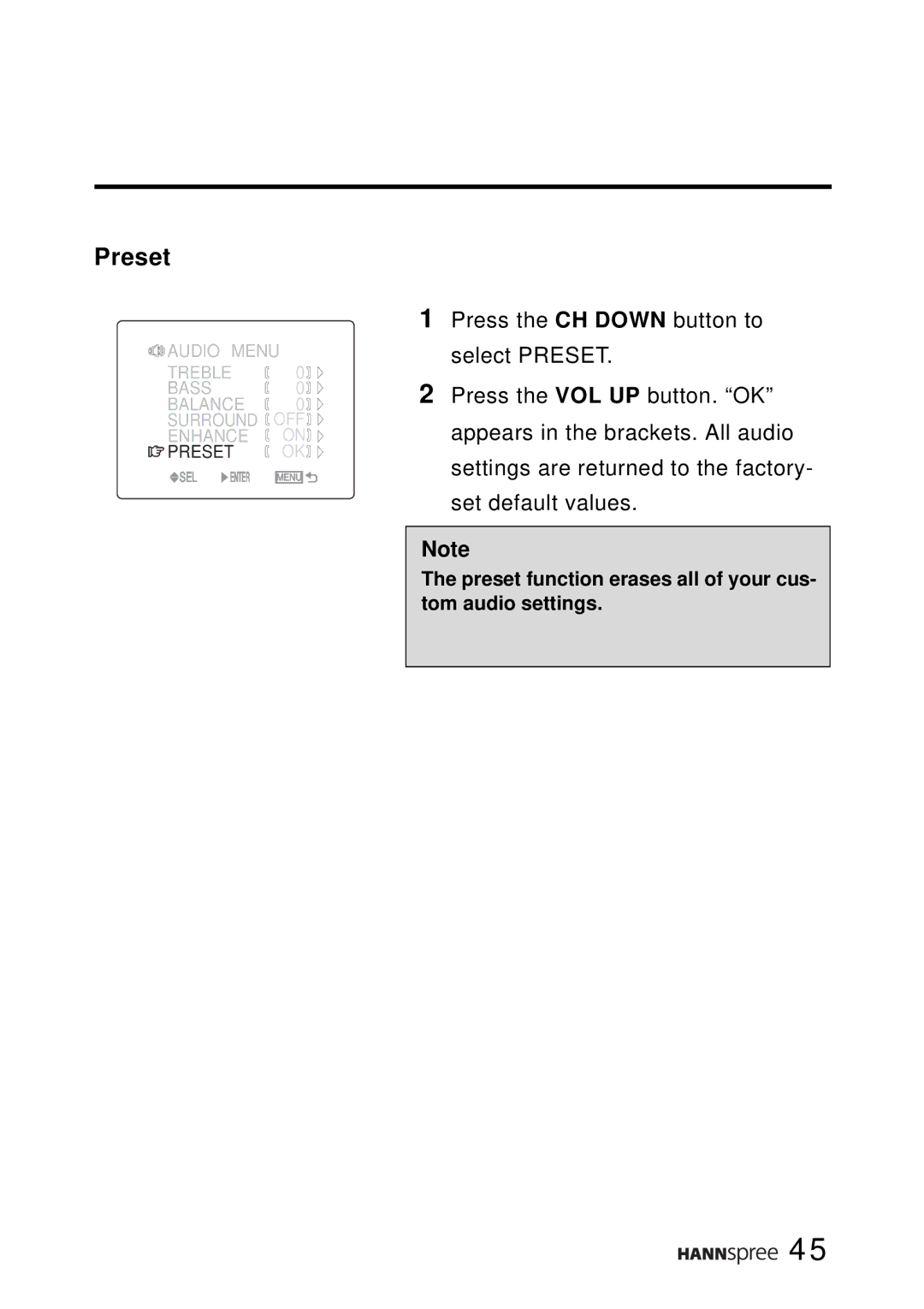 HANNspree ST02-15A1 user manual Preset function erases all of your cus- tom audio settings 