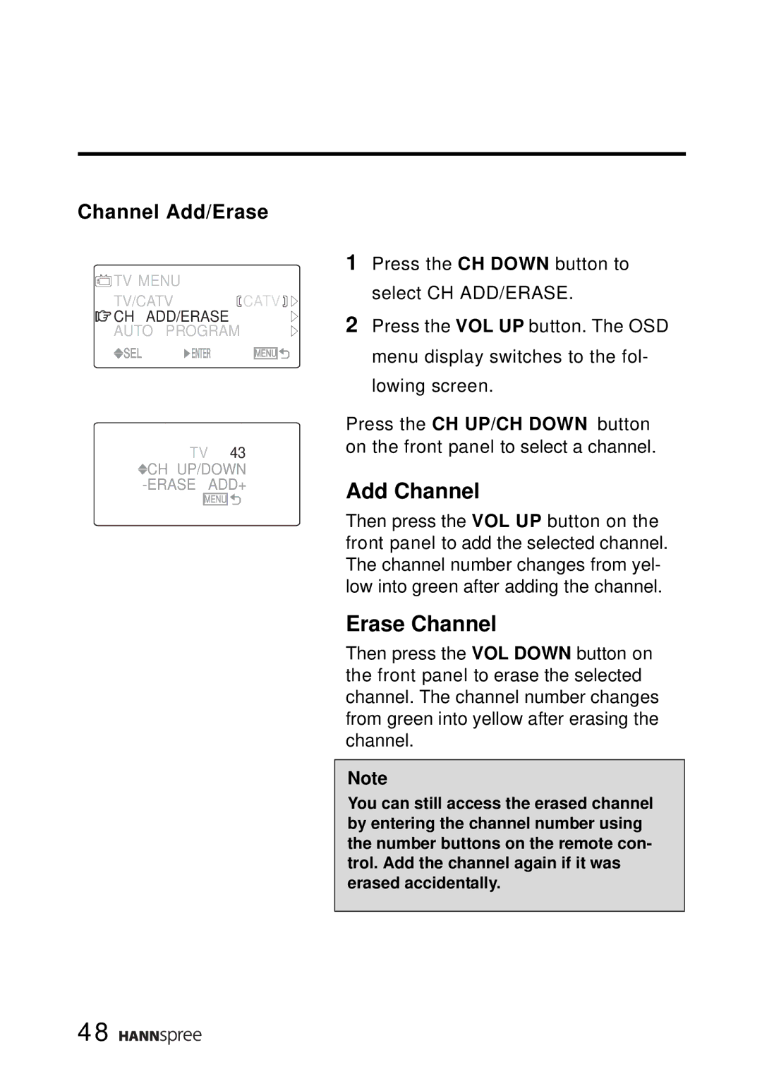 HANNspree ST02-15A1 user manual Add Channel, Channel Add/Erase 