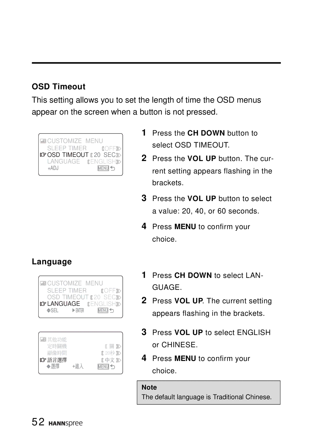 HANNspree ST02-15A1 user manual OSD Timeout, Language 