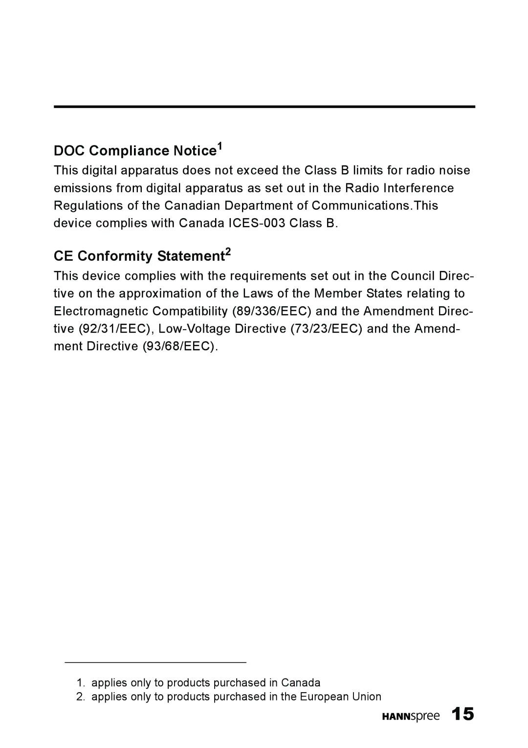 HANNspree ST03-15A1 manual DOC Compliance Notice1, CE Conformity Statement2 