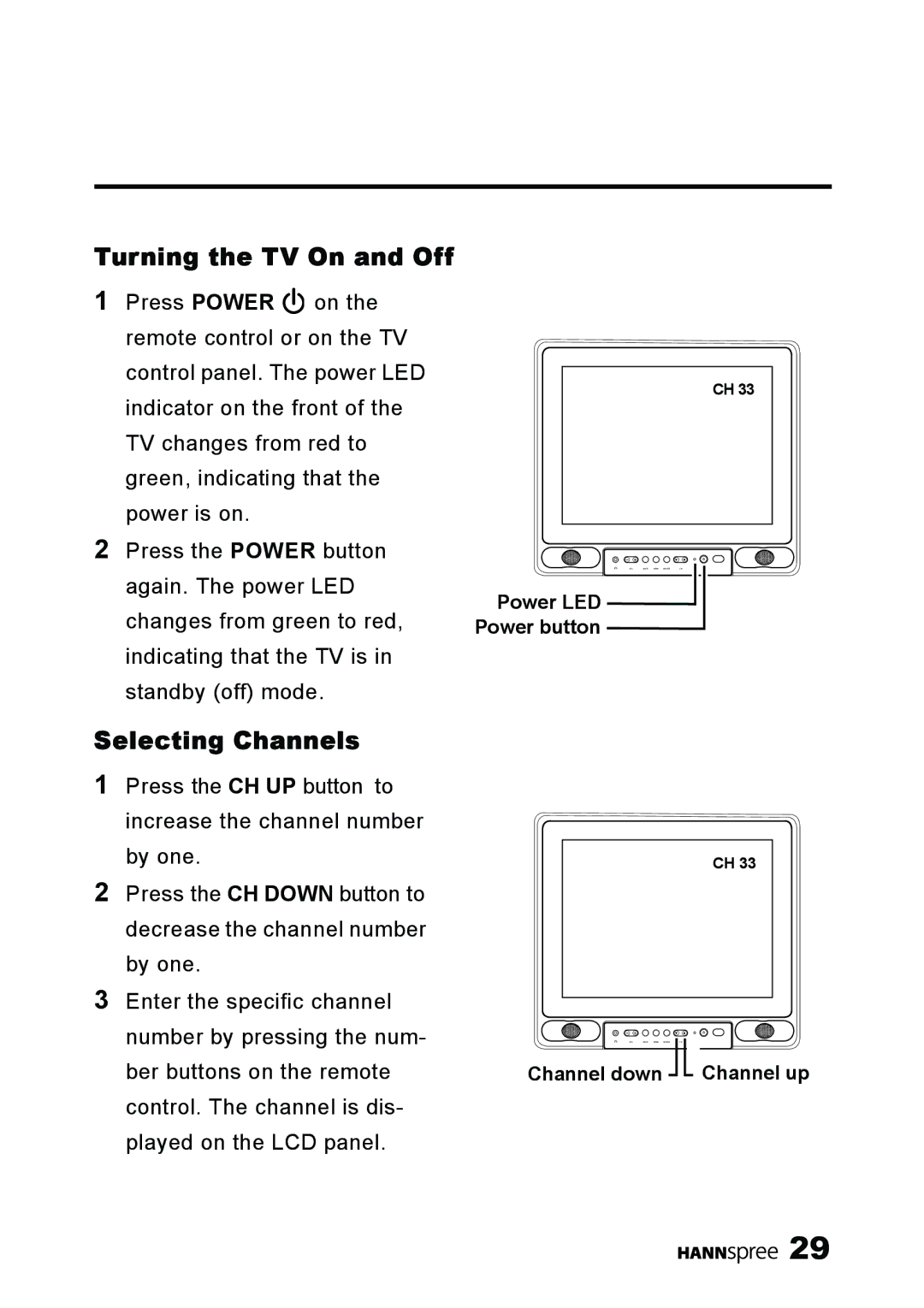 HANNspree ST03-15A1 manual Turning the TV On and Off, Selecting Channels 