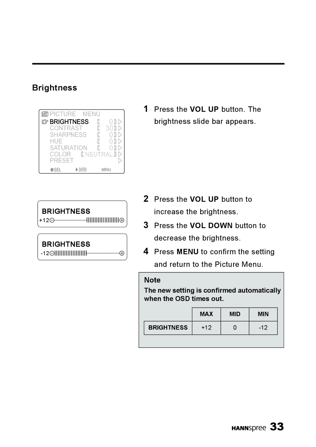 HANNspree ST03-15A1 manual Brightness slide bar appears 