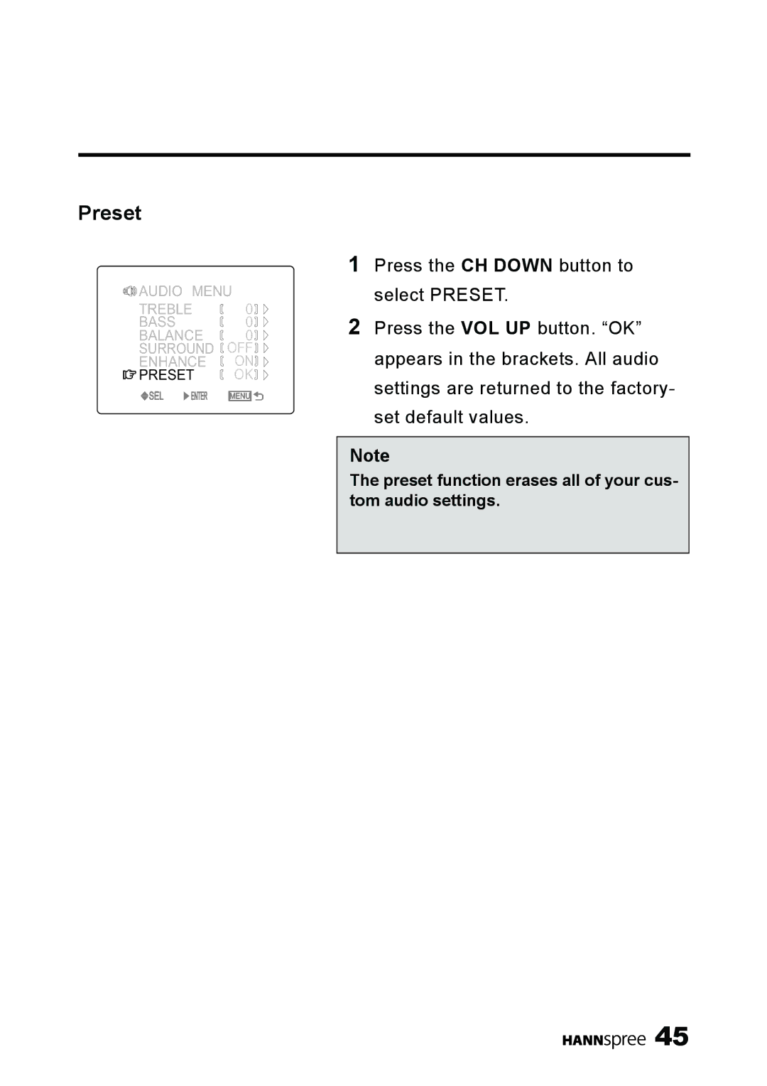 HANNspree ST03-15A1 manual Preset function erases all of your cus- tom audio settings 