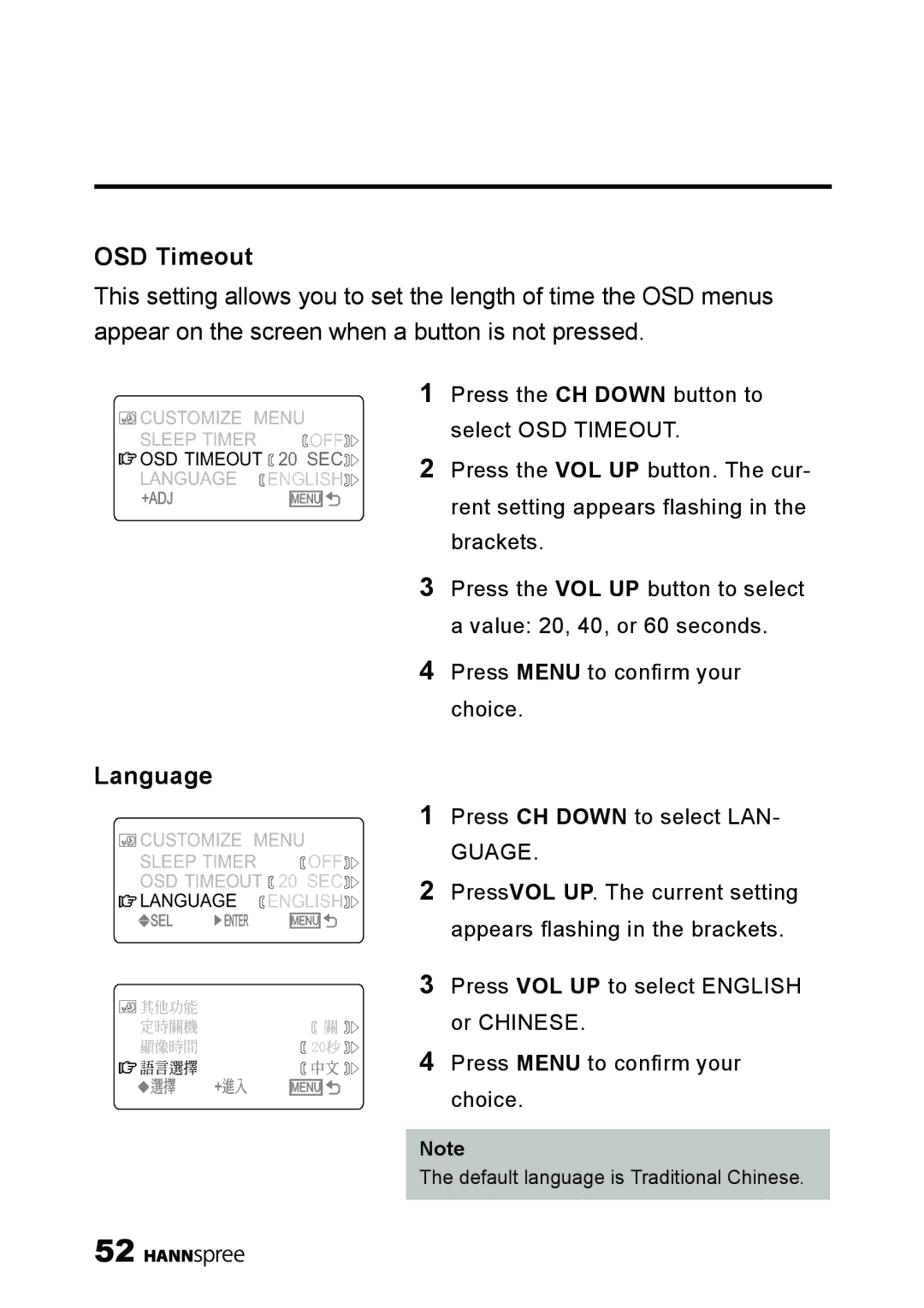 HANNspree ST03-15A1 manual OSD Timeout, Language 