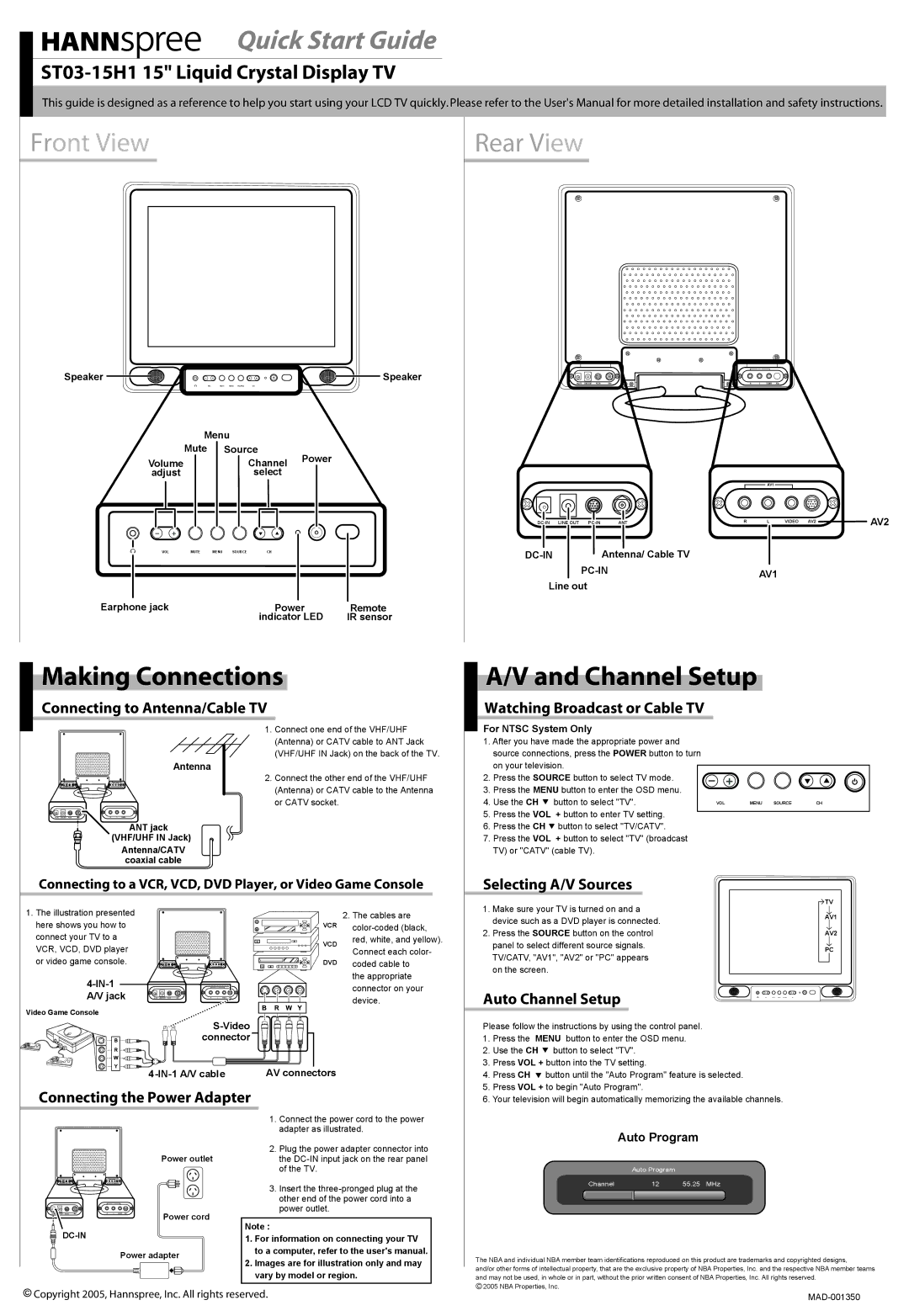 HANNspree ST03-15H1 quick start Making Connections, Channel Setup 