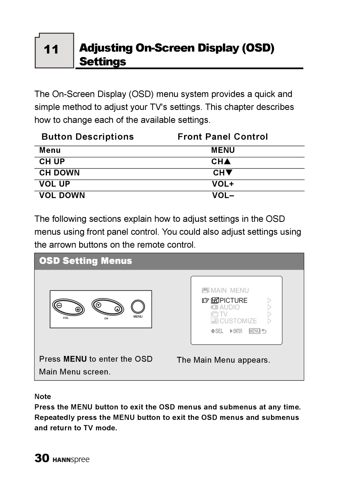 HANNspree ST08-10A1 user manual Adjusting On-Screen Display OSD Settings, Button Descriptions Front Panel Control 