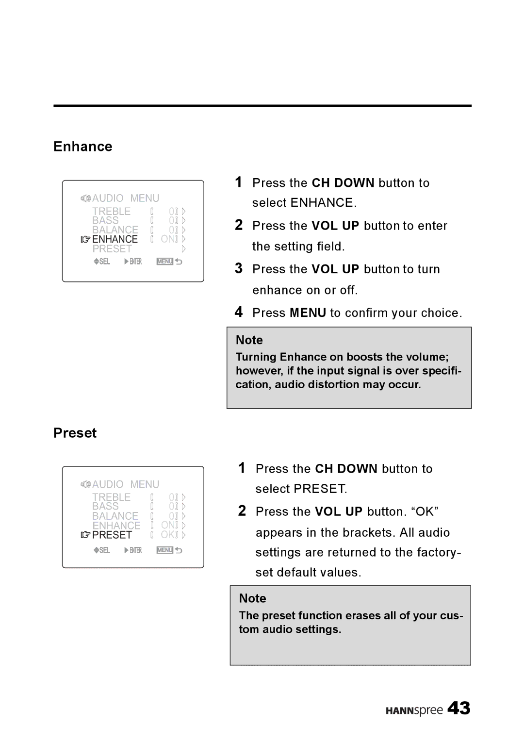 HANNspree ST08-10A1 user manual Enhance, Preset 