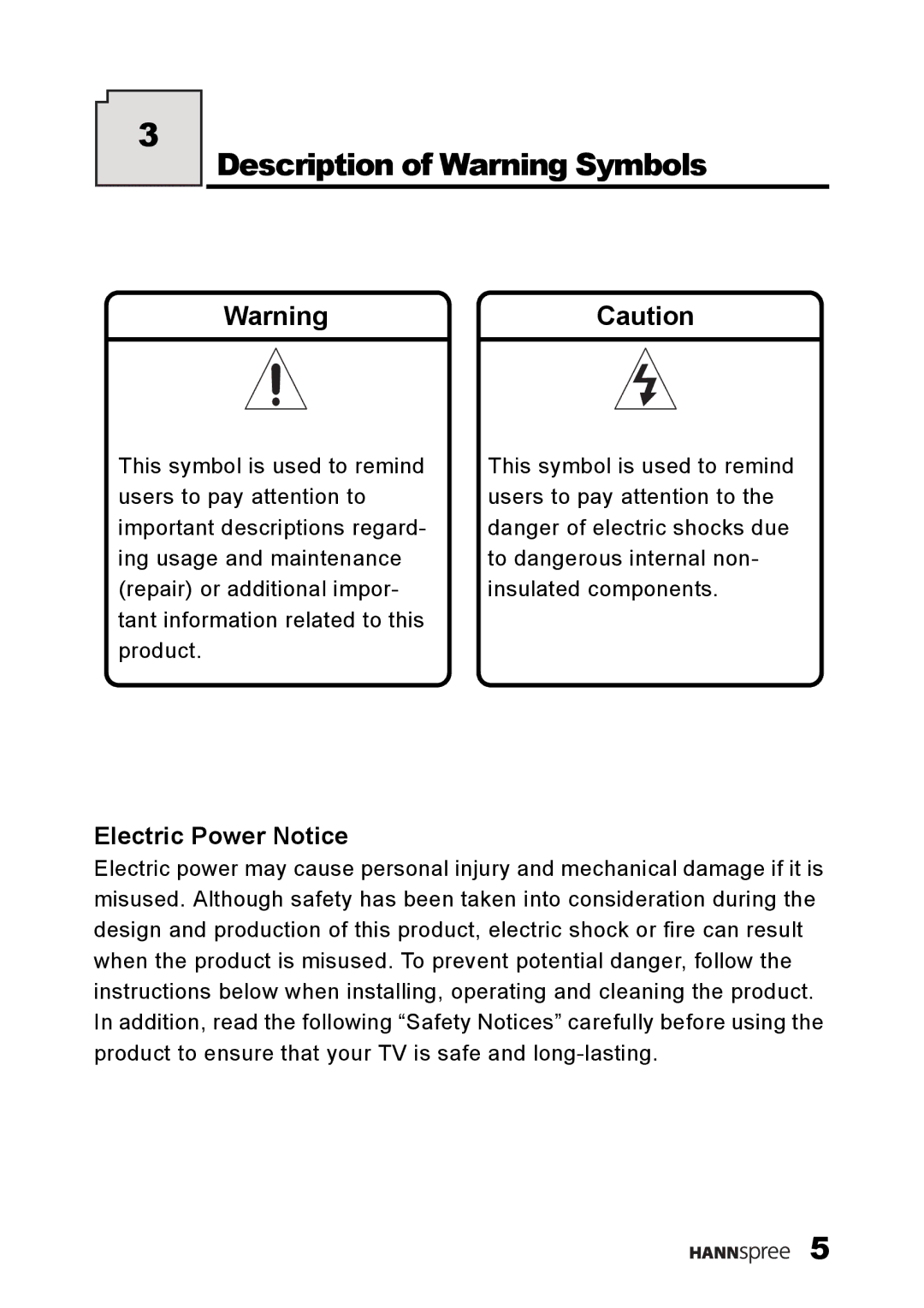 HANNspree ST08-10A1 user manual Description of Warning Symbols, Electric Power Notice 