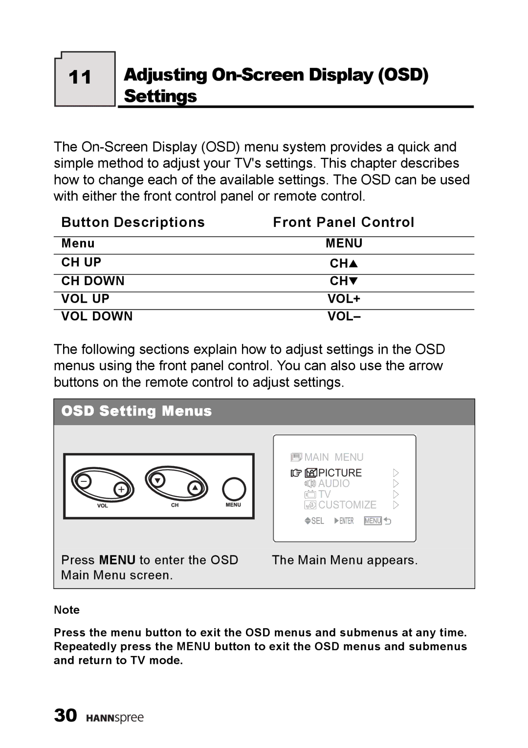 HANNspree ST09-10A1 user manual Adjusting On-Screen Display OSD Settings, Button Descriptions Front Panel Control 