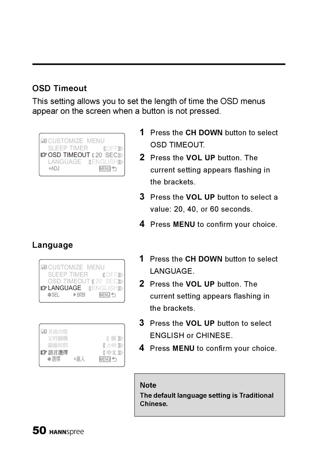 HANNspree ST09-10A1 user manual OSD Timeout, Language 