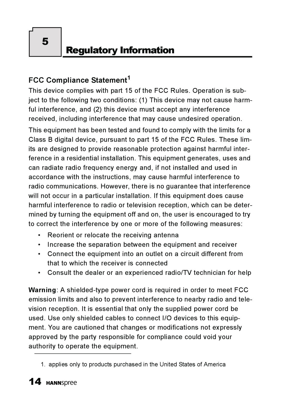 HANNspree ST09-10A1 user manual Regulatory Information, FCC Compliance Statement1 