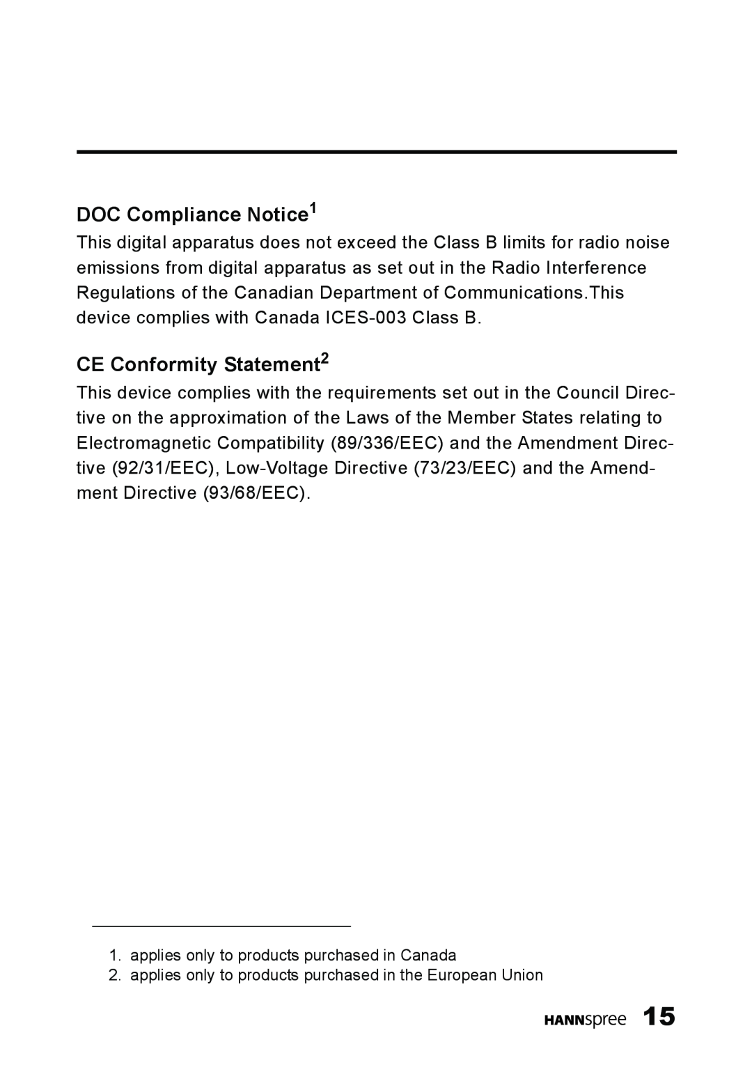 HANNspree ST09-10A1 DOC Compliance Notice1, CE Conformity Statement2, applies only to products purchased in Canada 
