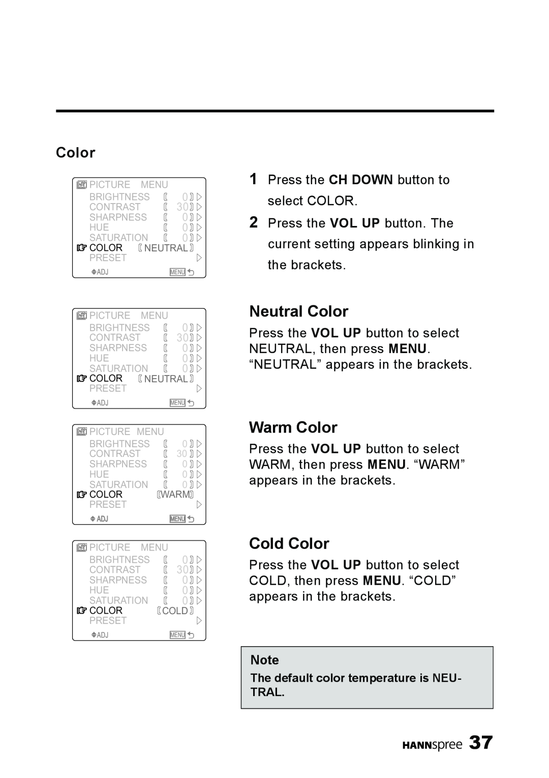 HANNspree ST09-10A1 user manual Neutral Color, Warm Color, Cold Color 