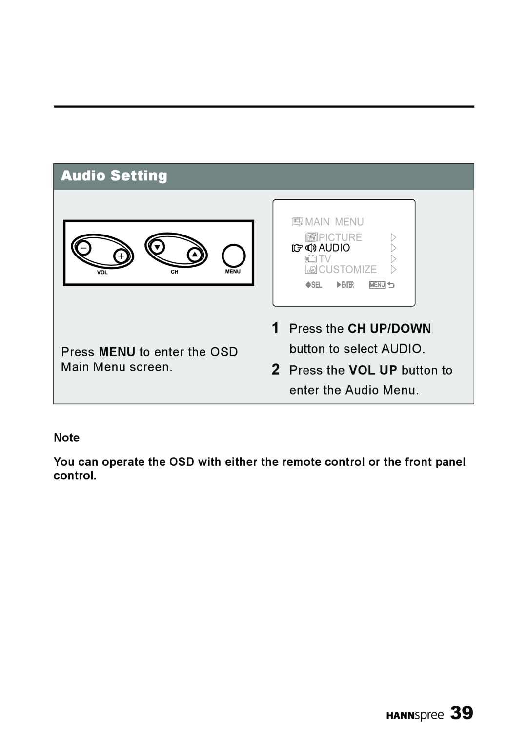 HANNspree ST09-10A1 user manual Audio Setting, Press the CH UP/DOWN button to select AUDIO, Sel Enter, Menu 