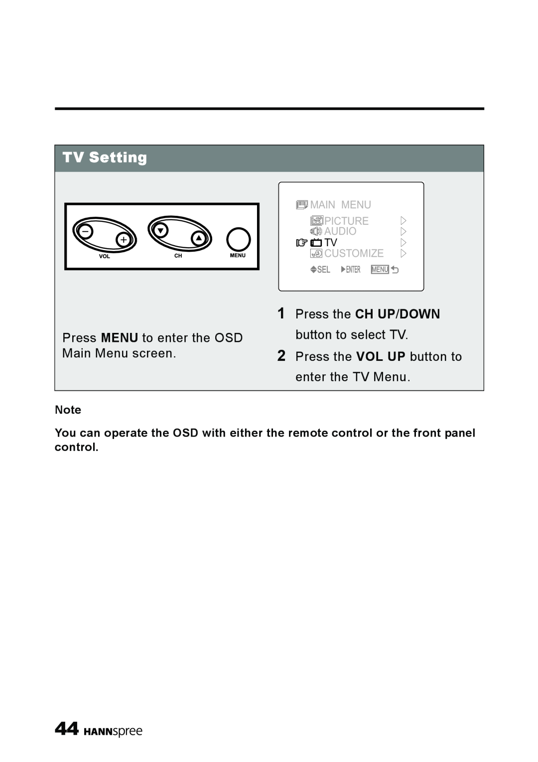 HANNspree ST09-10A1 user manual TV Setting, Sel Enter, Menu 