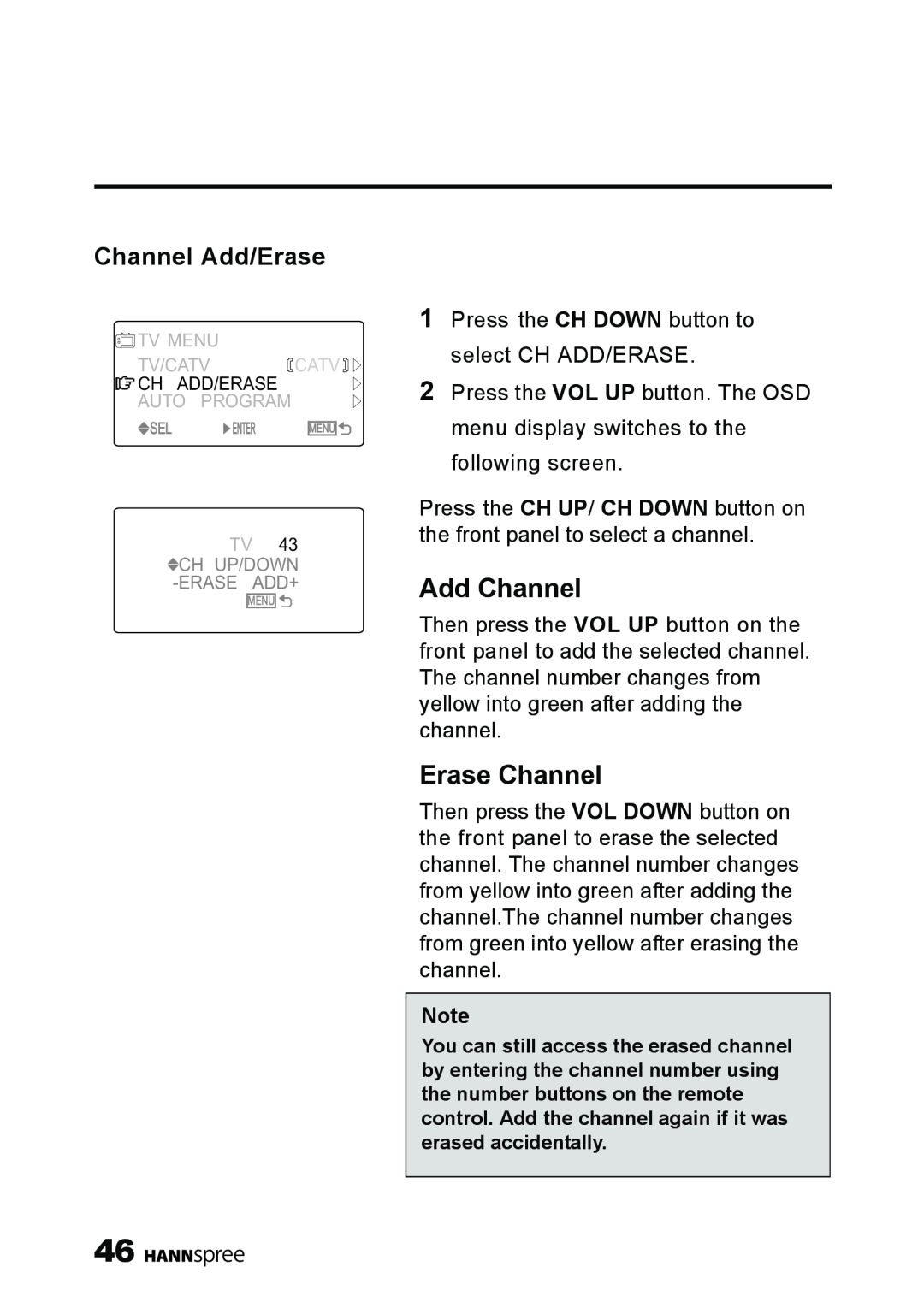 HANNspree ST09-10A1 user manual Add Channel, Erase Channel, Channel Add/Erase 