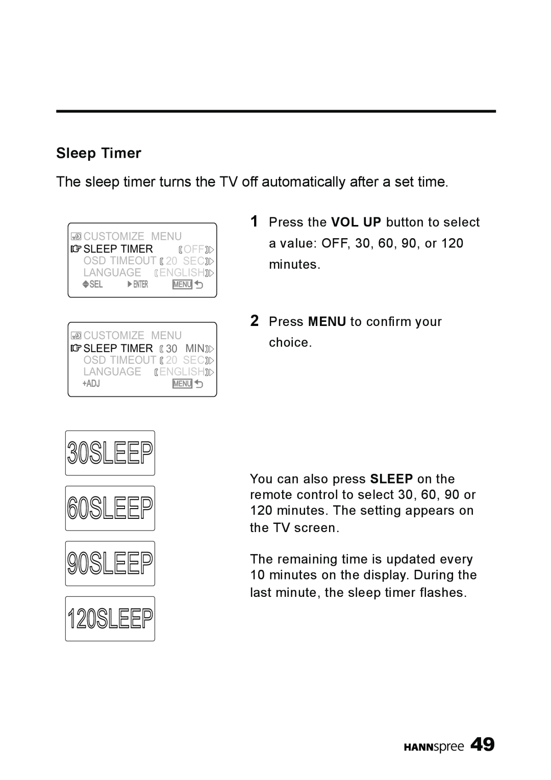 HANNspree ST09-10A1 user manual Sleep Timer, 30SLEEP 60SLEEP 90SLEEP, 120SLEEP 