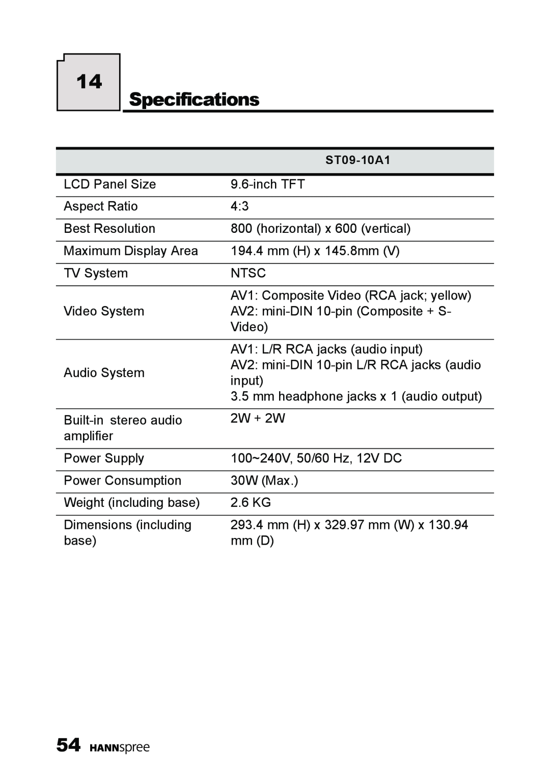 HANNspree ST09-10A1 user manual Specifications 