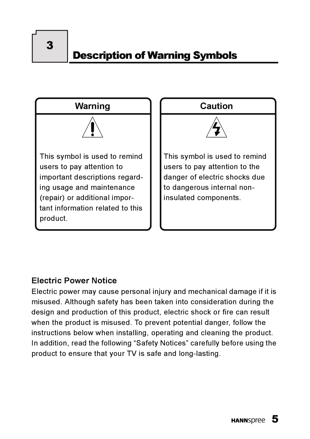 HANNspree ST09-10A1 user manual Description of Warning Symbols, WarningCaution, Electric Power Notice 