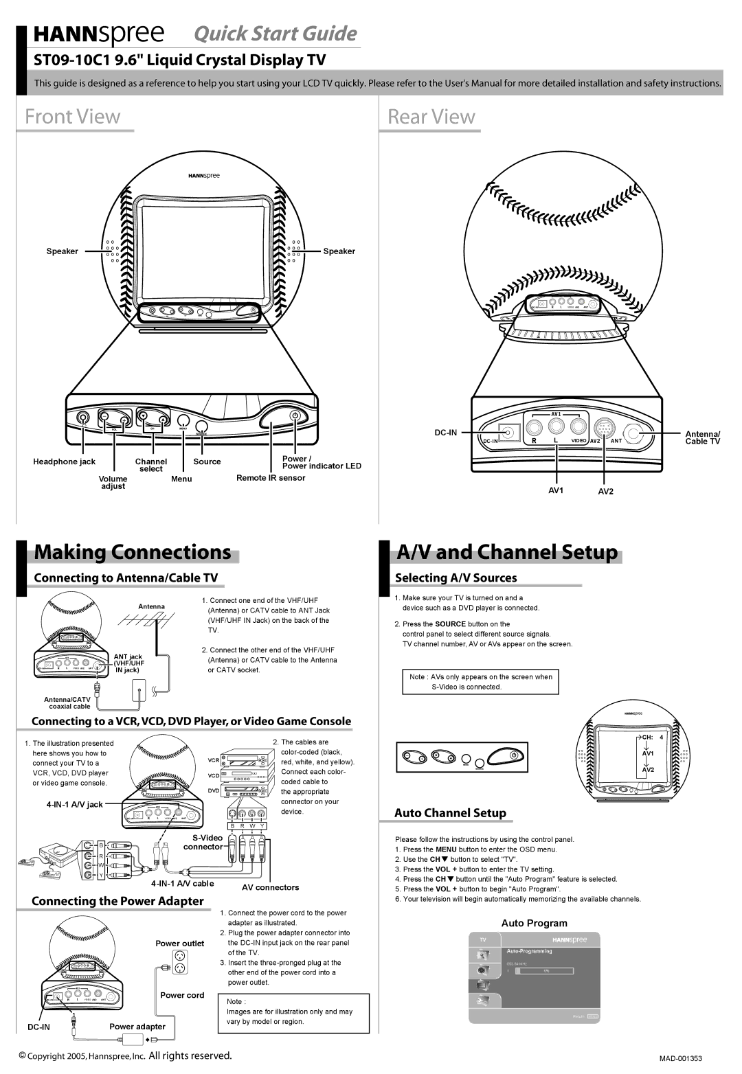 HANNspree ST09-10C1 quick start Connecting to Antenna/Cable TV, Selecting A/V Sources, Auto Channel Setup 