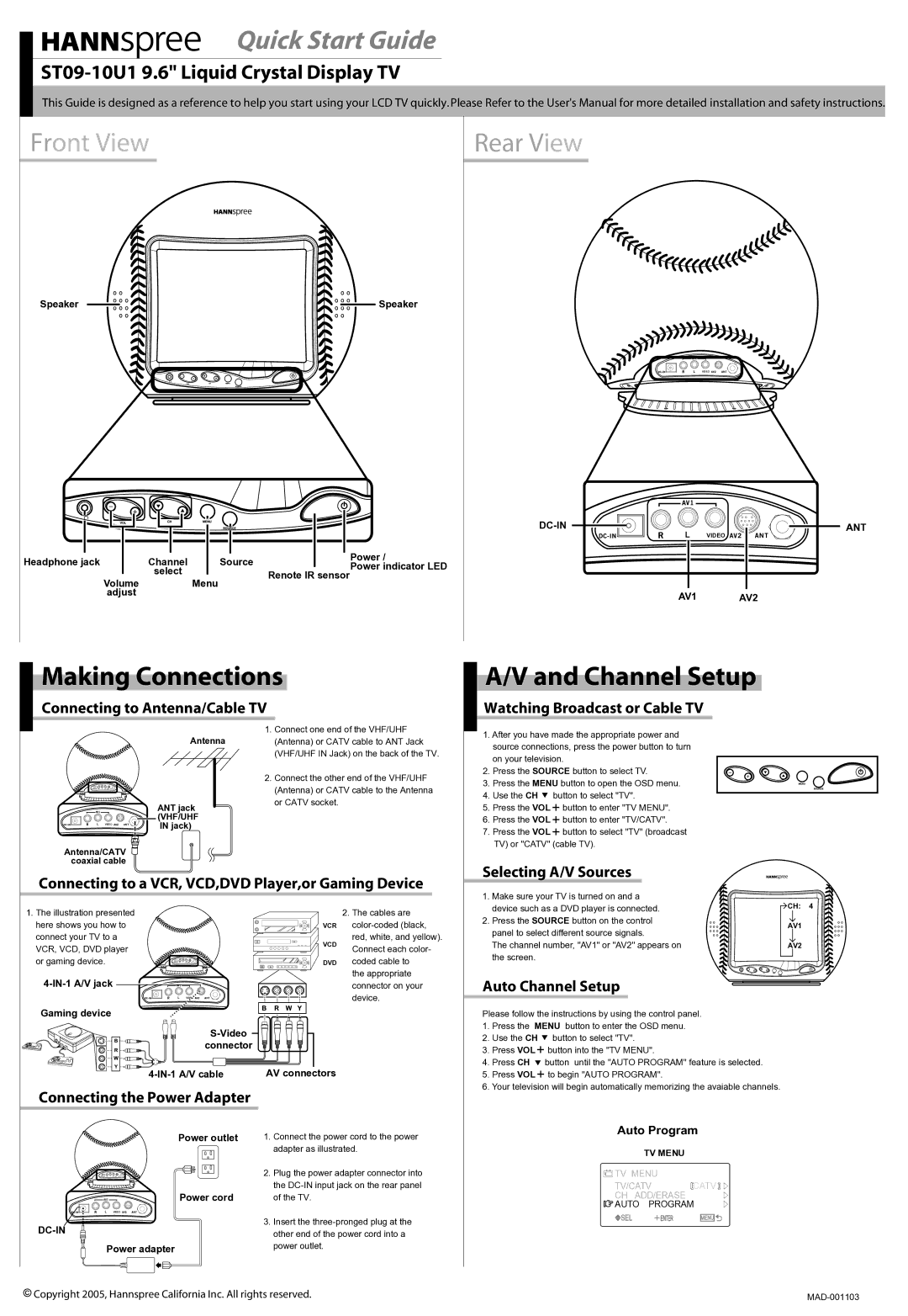 HANNspree ST09-10U1 quick start Connecting to Antenna/Cable TV, Watching Broadcast or Cable TV, Auto Channel Setup 