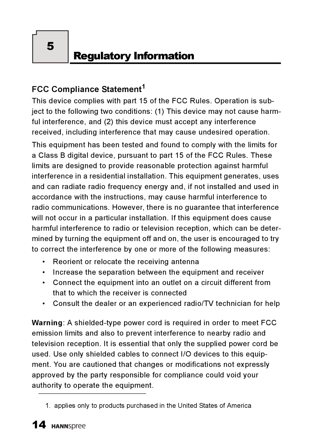 HANNspree ST25-10A1 user manual Regulatory Information, FCC Compliance Statement1 