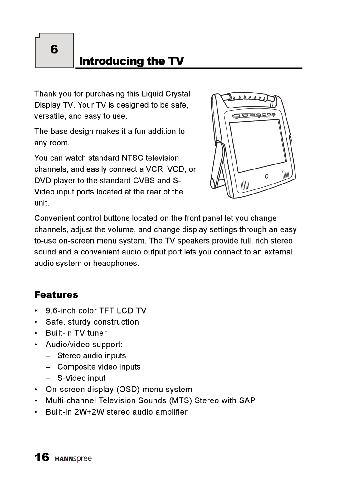 HANNspree ST25-10A1 user manual Introducing the TV, Features 