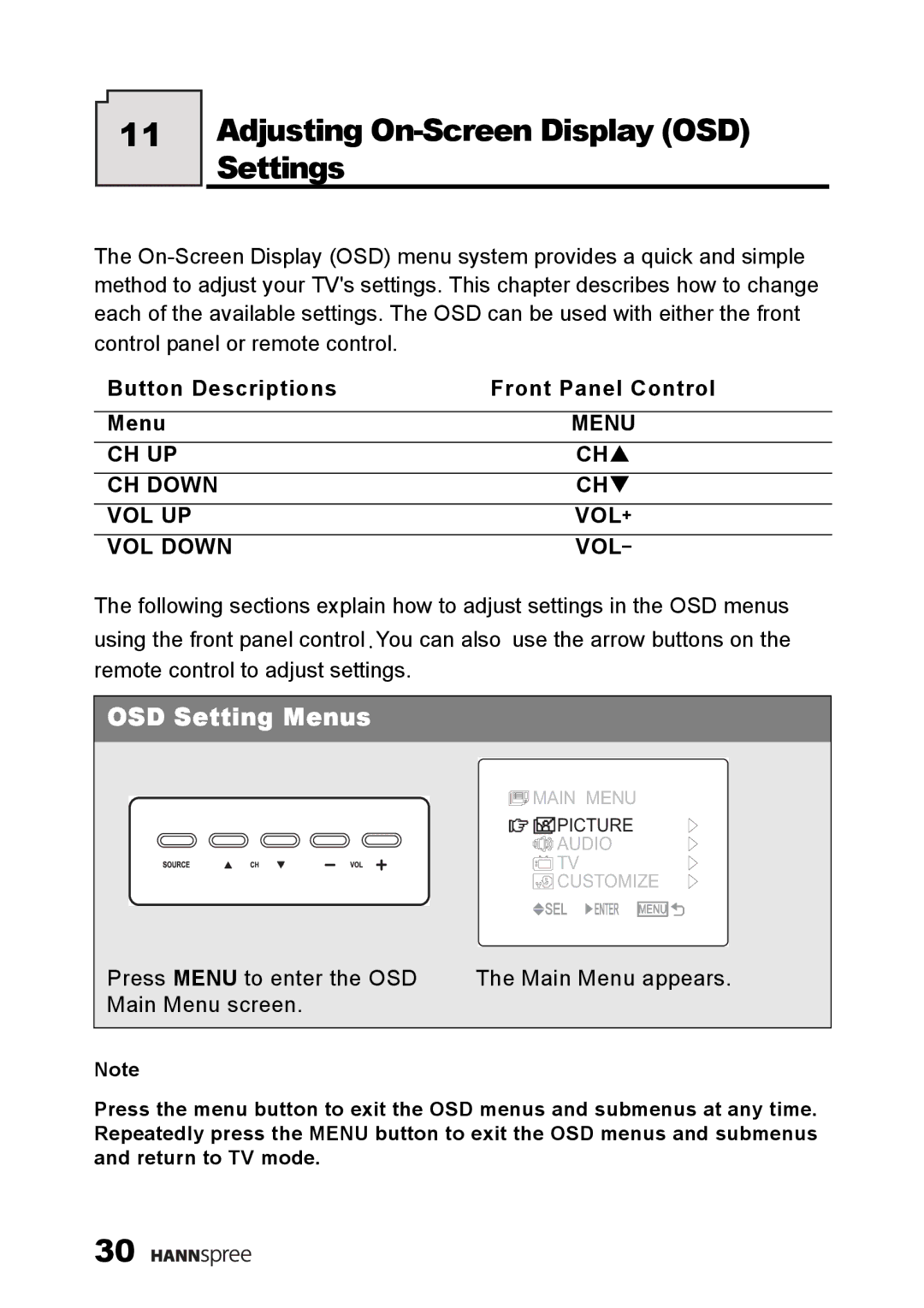 HANNspree ST25-10A1 user manual Adjusting On-Screen Display OSD Settings, Button Descriptions Front Panel Control Menu 