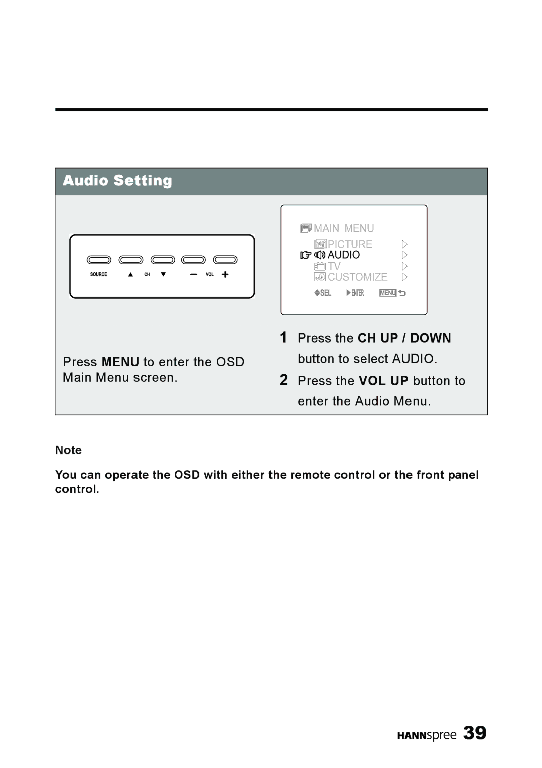 HANNspree ST25-10A1 user manual Audio Setting, Press the CH UP / Down button to select Audio 