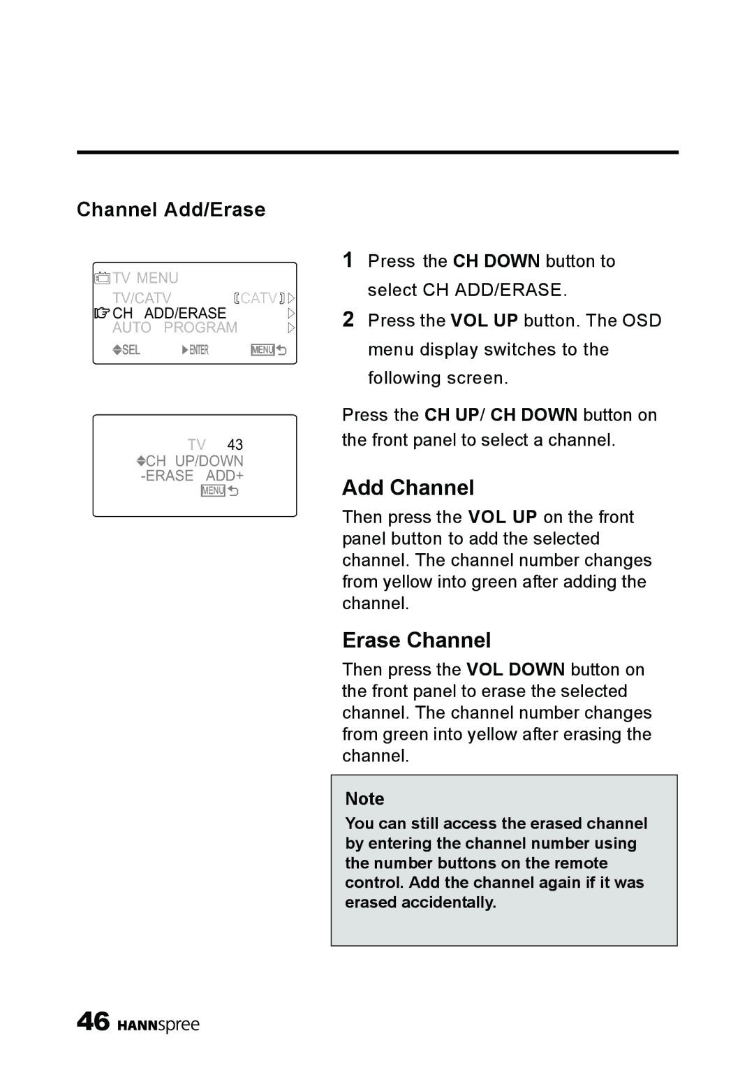 HANNspree ST25-10A1 user manual Add Channel, Channel Add/Erase 