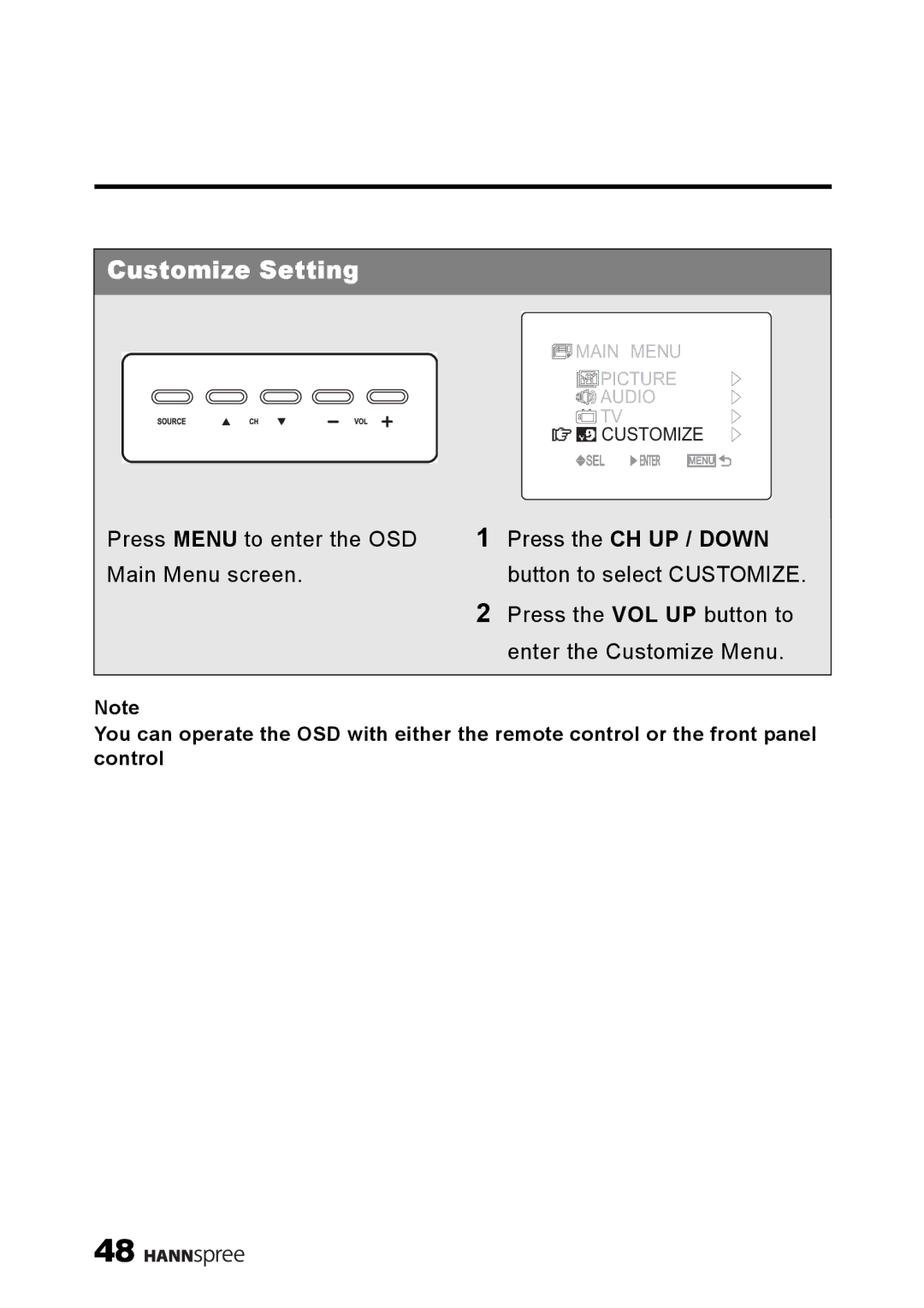 HANNspree ST25-10A1 user manual Customize Setting, Press the CH UP / Down button to select Customize 