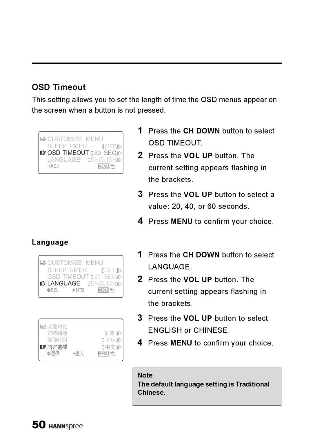 HANNspree ST25-10A1 user manual OSD Timeout, Language 