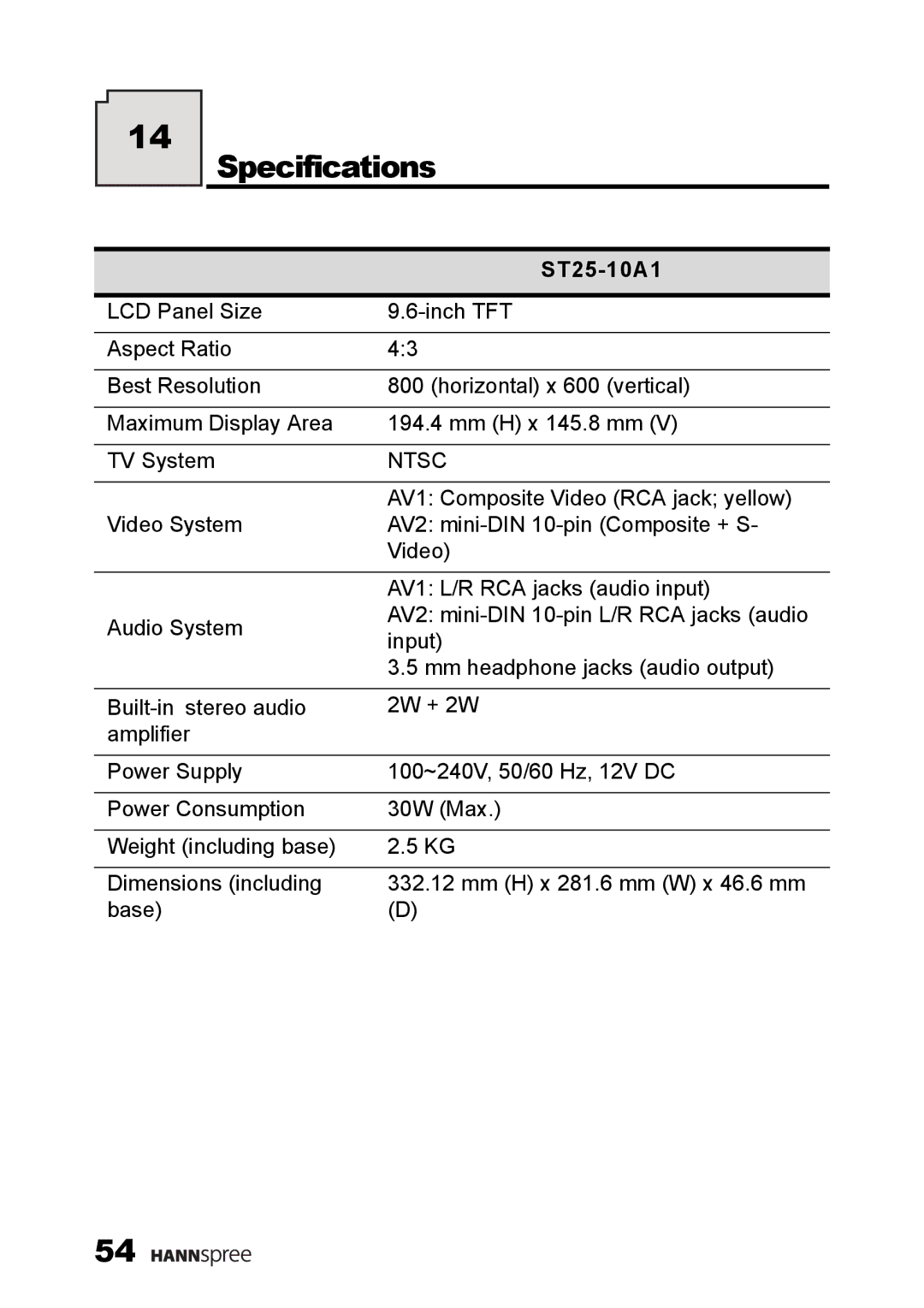 HANNspree ST25-10A1 user manual Specifications 