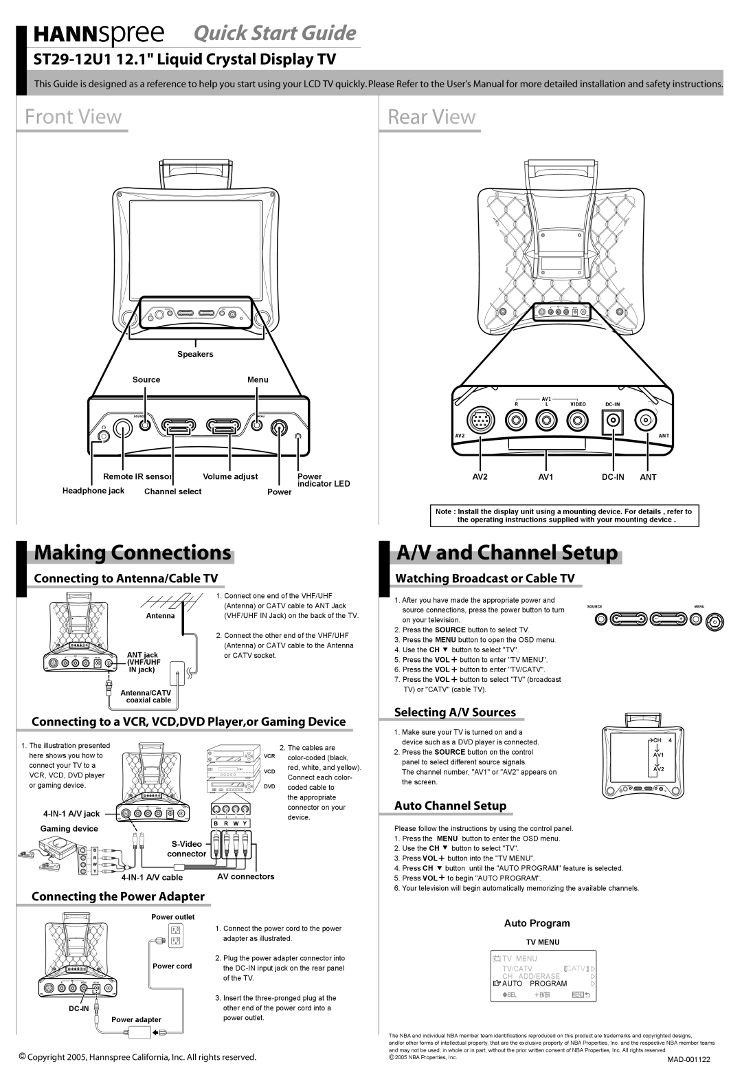 HANNspree ST29-12U1 quick start Making Connections, Channel Setup 