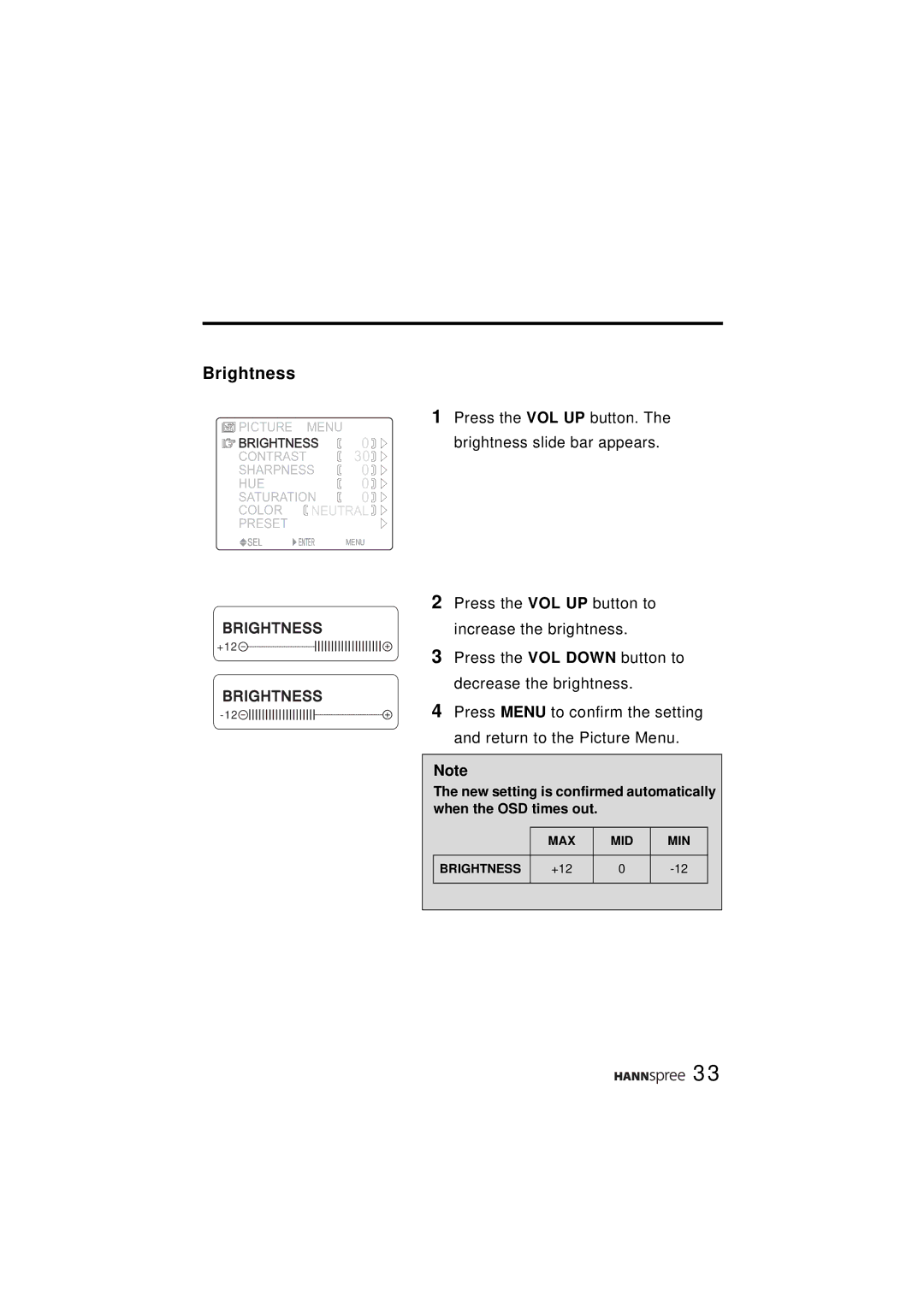 HANNspree ST31-15A1 user manual Brightness slide bar appears 