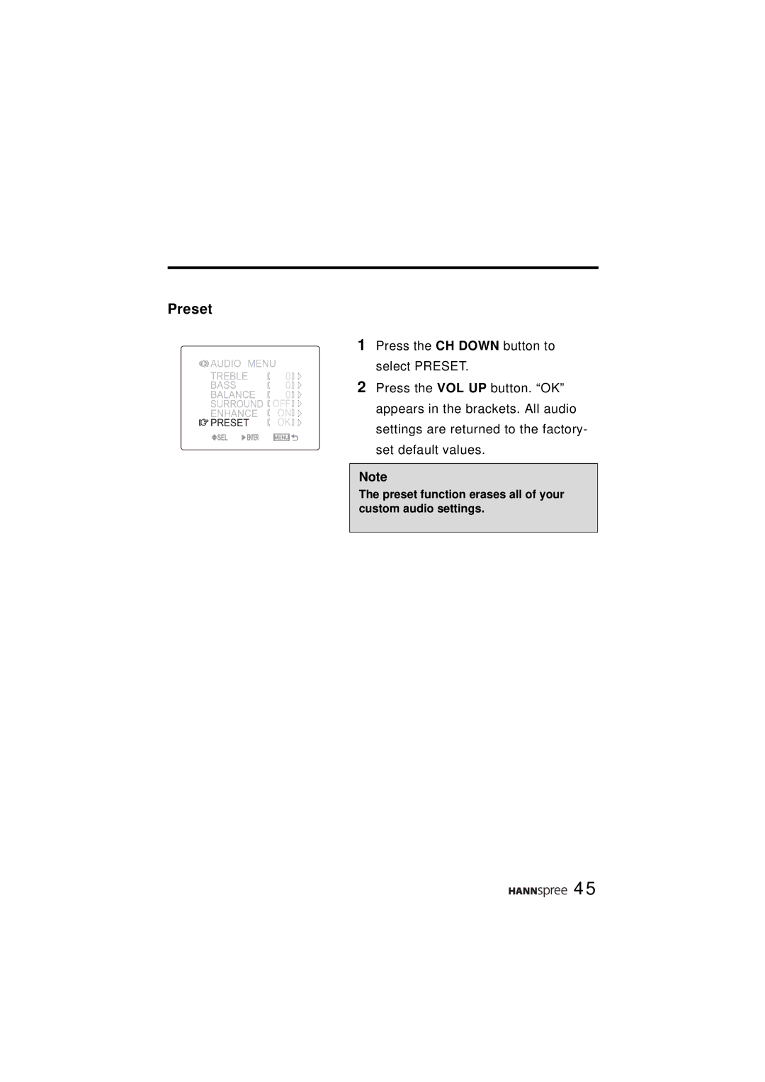 HANNspree ST31-15A1 user manual Preset function erases all of your custom audio settings 