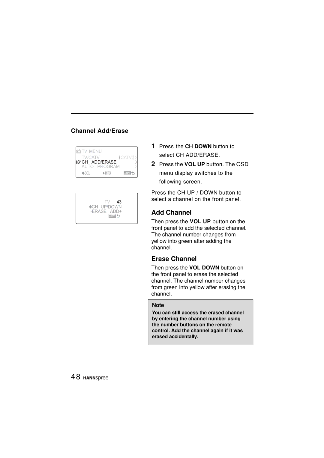 HANNspree ST31-15A1 user manual Add Channel, Channel Add/Erase 