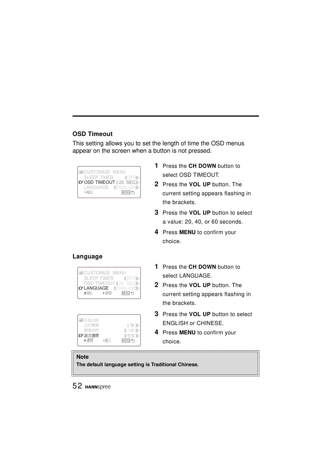 HANNspree ST31-15A1 user manual OSD Timeout, Language 