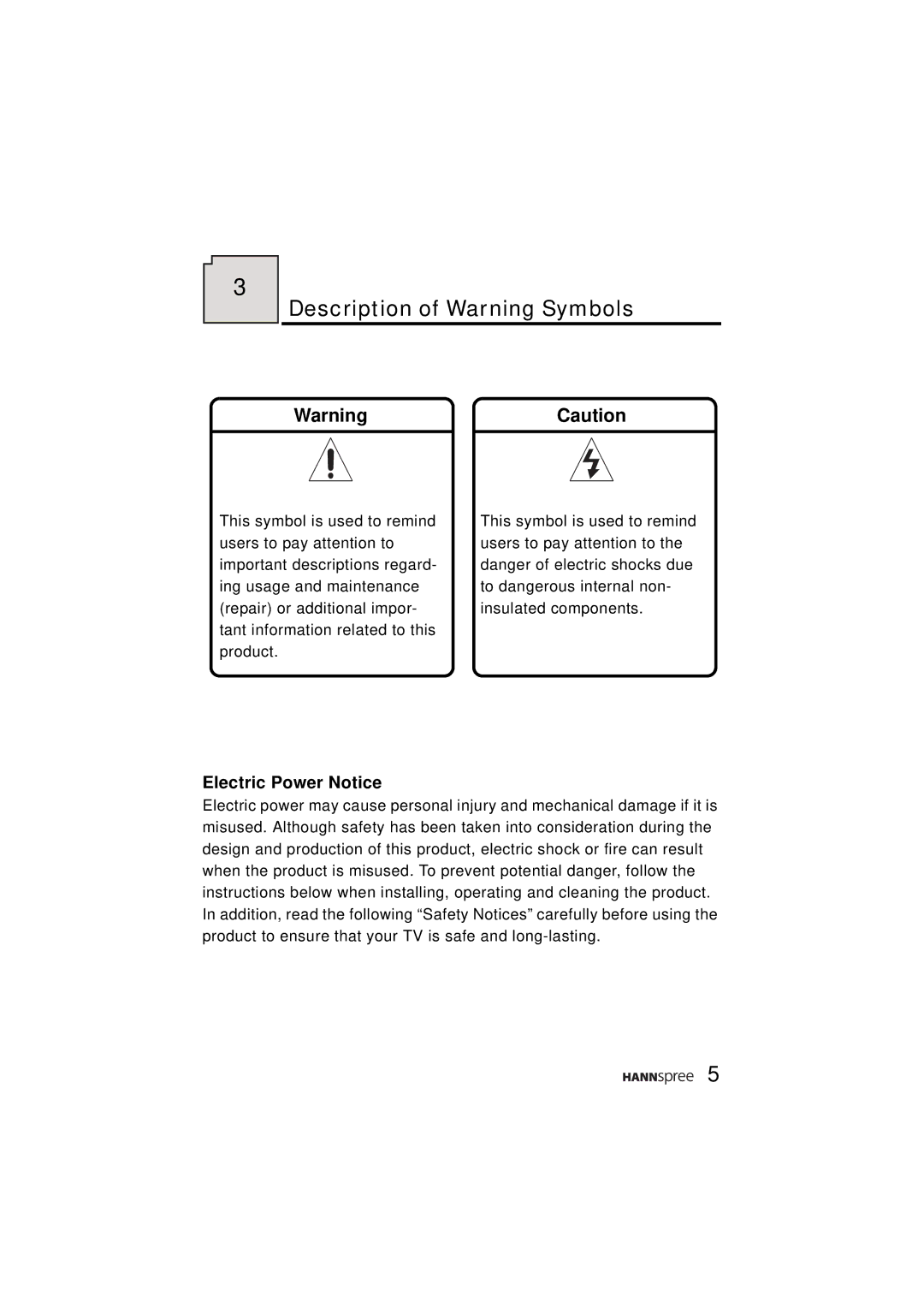 HANNspree ST31-15A1 user manual Description of Warning Symbols, Electric Power Notice 