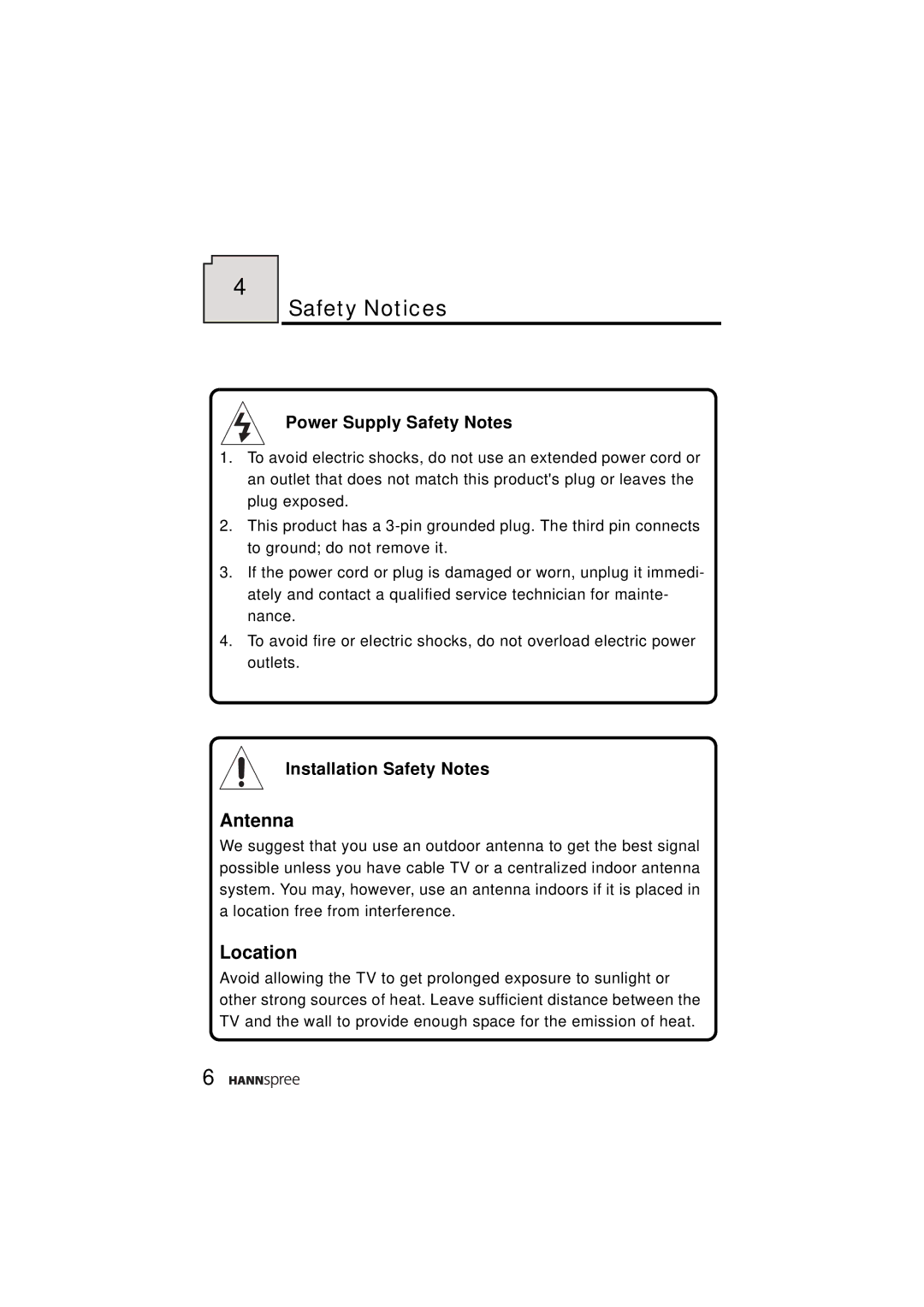 HANNspree ST31-15A1 user manual Safety Notices, Power Supply Safety Notes, Installation Safety Notes 