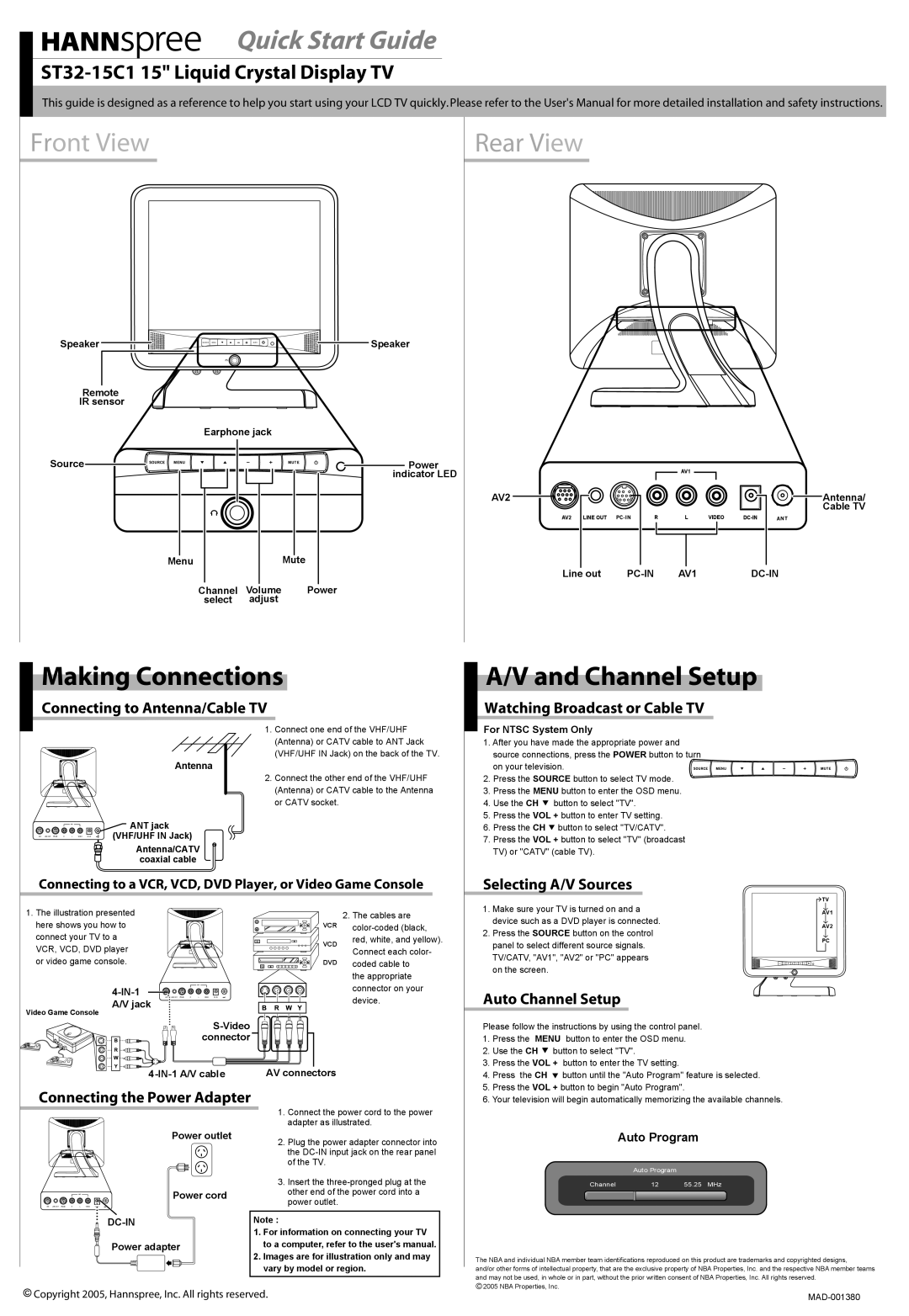 HANNspree ST32-15C1 quick start Connecting to Antenna/Cable TV, Watching Broadcast or Cable TV, Selecting A/V Sources 