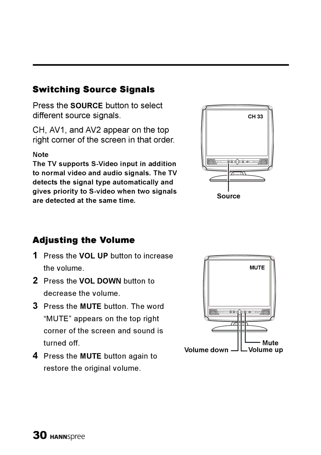 HANNspree ST34-15A1 user manual Switching Source Signals, Adjusting the Volume 