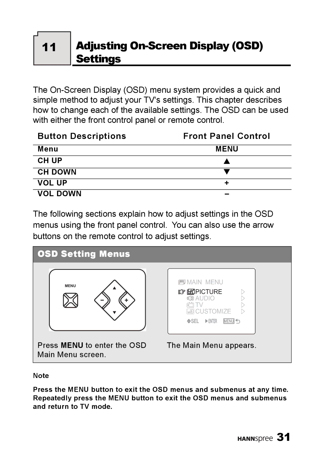 HANNspree ST34-15A1 user manual Adjusting On-Screen Display OSD Settings, Button Descriptions Front Panel Control, Menu 