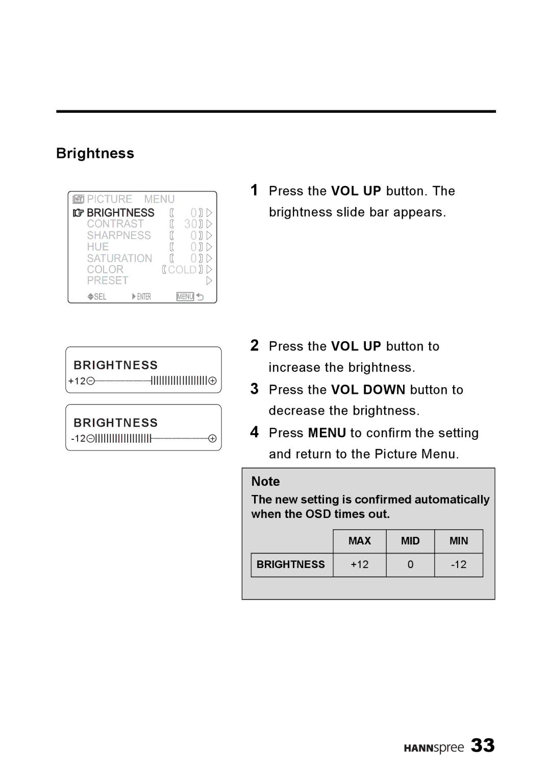 HANNspree ST34-15A1 user manual Brightness slide bar appears 